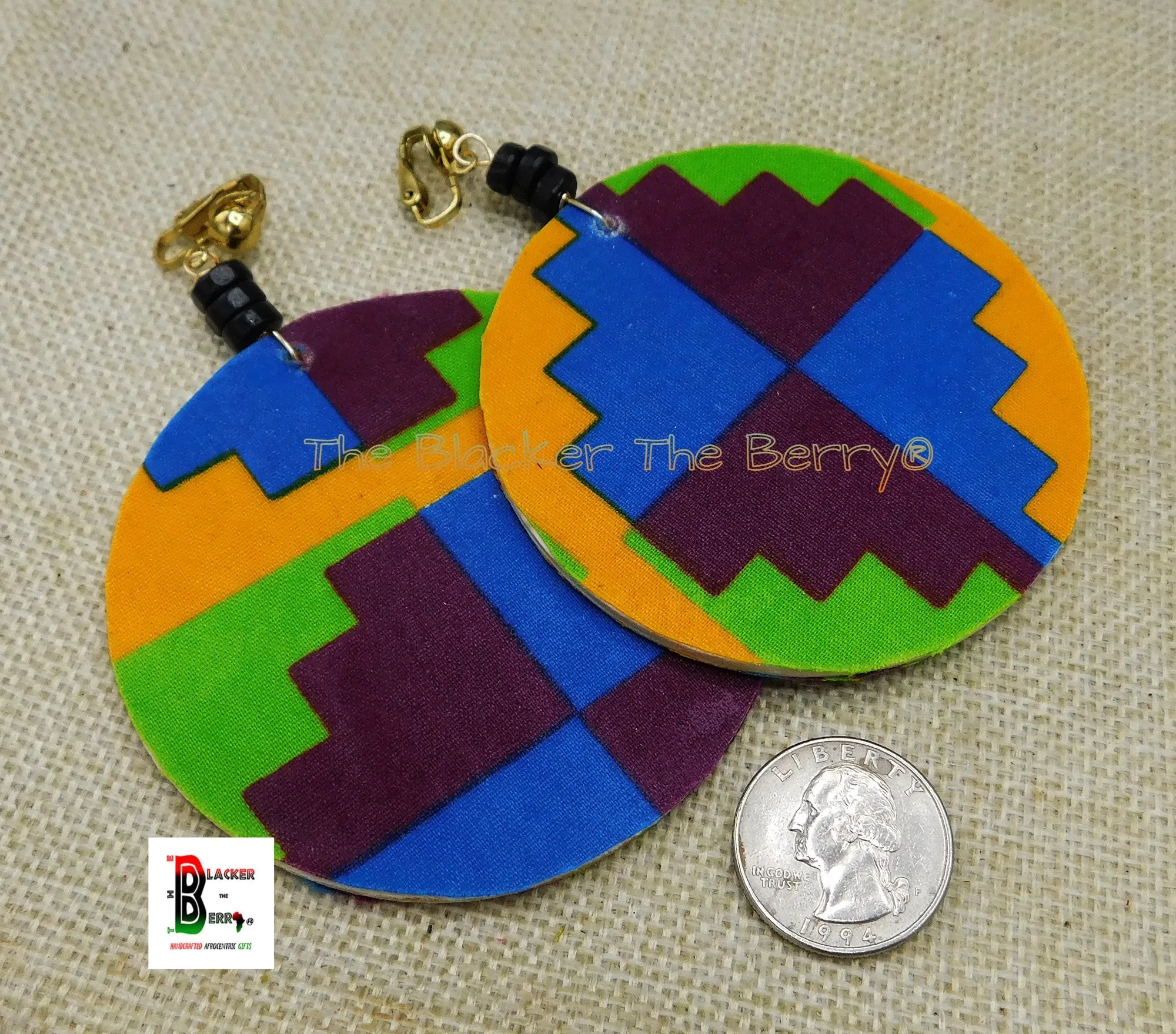 African Clip On Earrings Ankara Jewelry Orange Green Purple Blue Handmade Black Owned