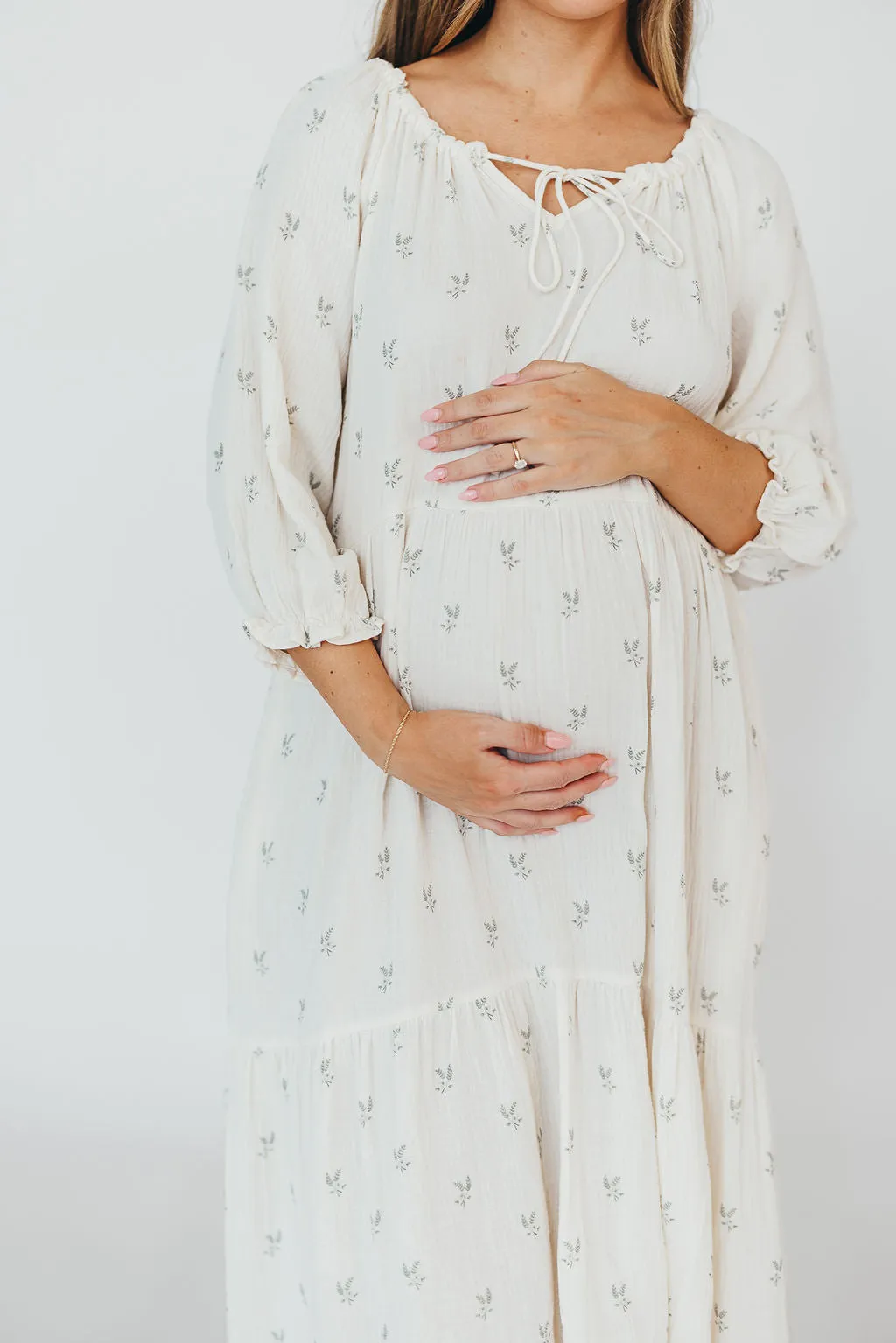 Avery Tiered Linen-Blend Midi Dress in Soy/Sage Foliage - Bump Friendly and Inclusive Sizing