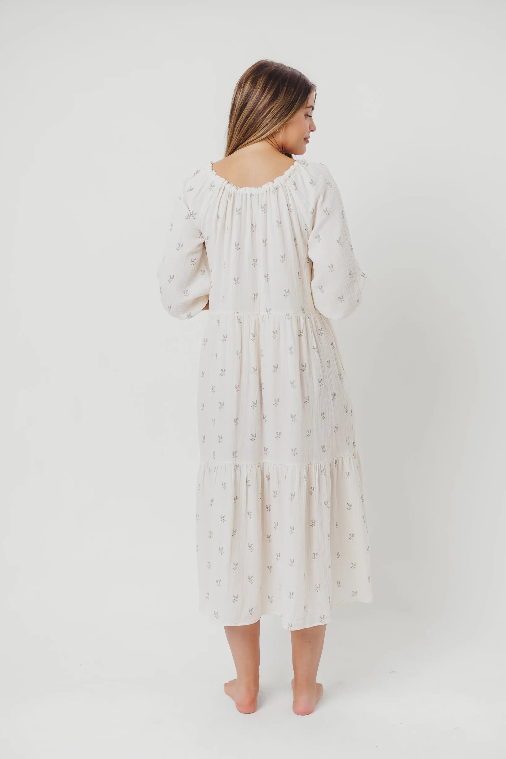 Avery Tiered Linen-Blend Midi Dress in Soy/Sage Foliage - Bump Friendly and Inclusive Sizing