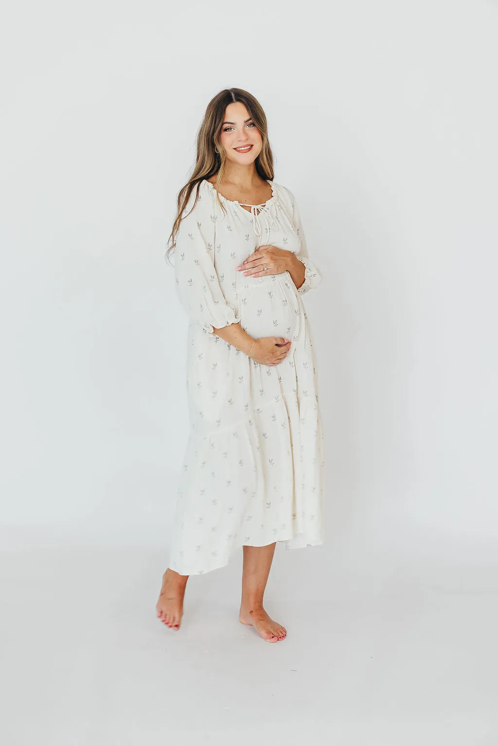 Avery Tiered Linen-Blend Midi Dress in Soy/Sage Foliage - Bump Friendly and Inclusive Sizing