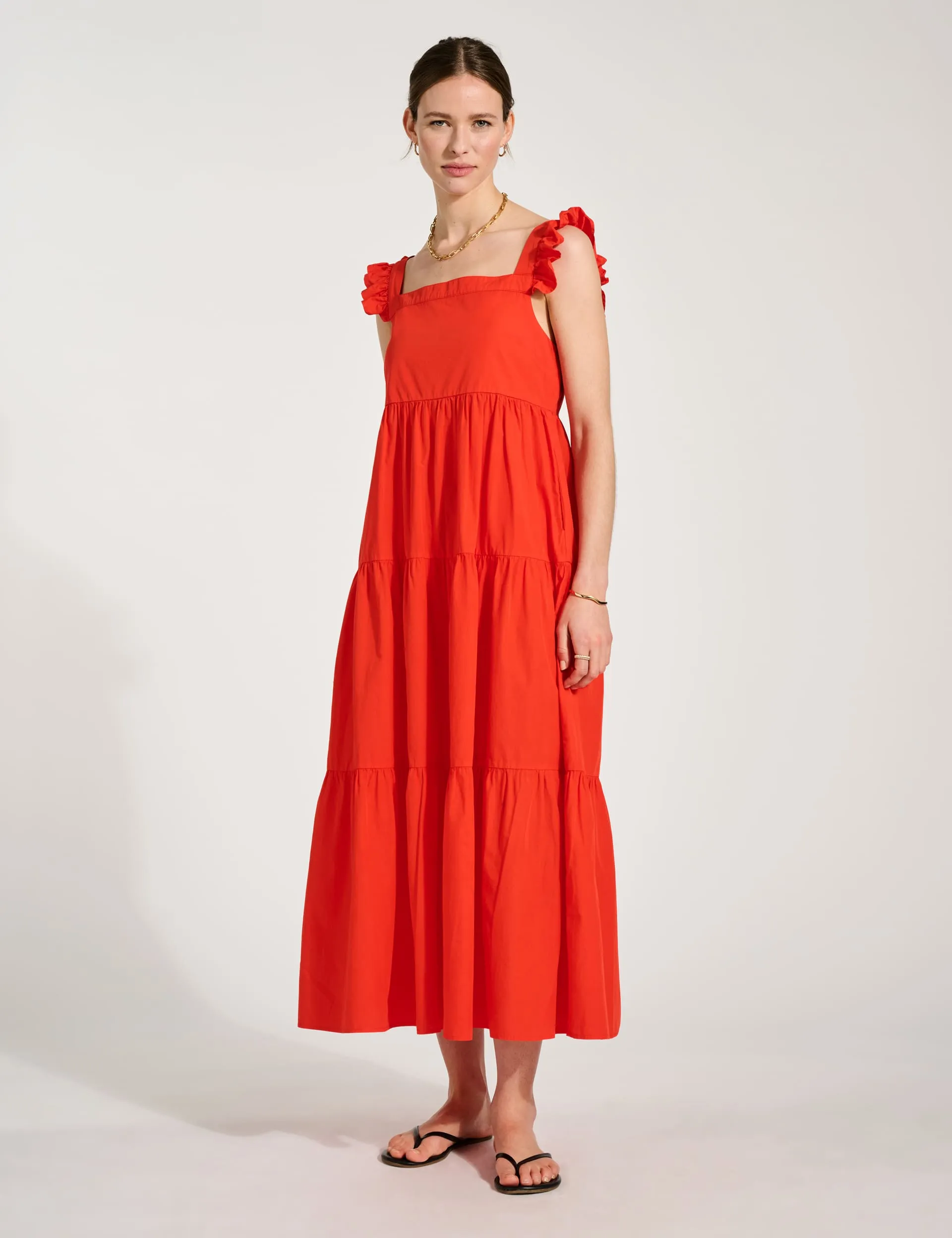 Baukjen Women's Pure Cotton Square Neck Midi Tiered Dress - 16 - Orange, Orange