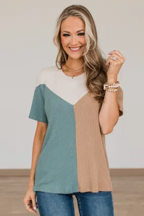 Be The Exception Color Block Top- Taupe & Teal