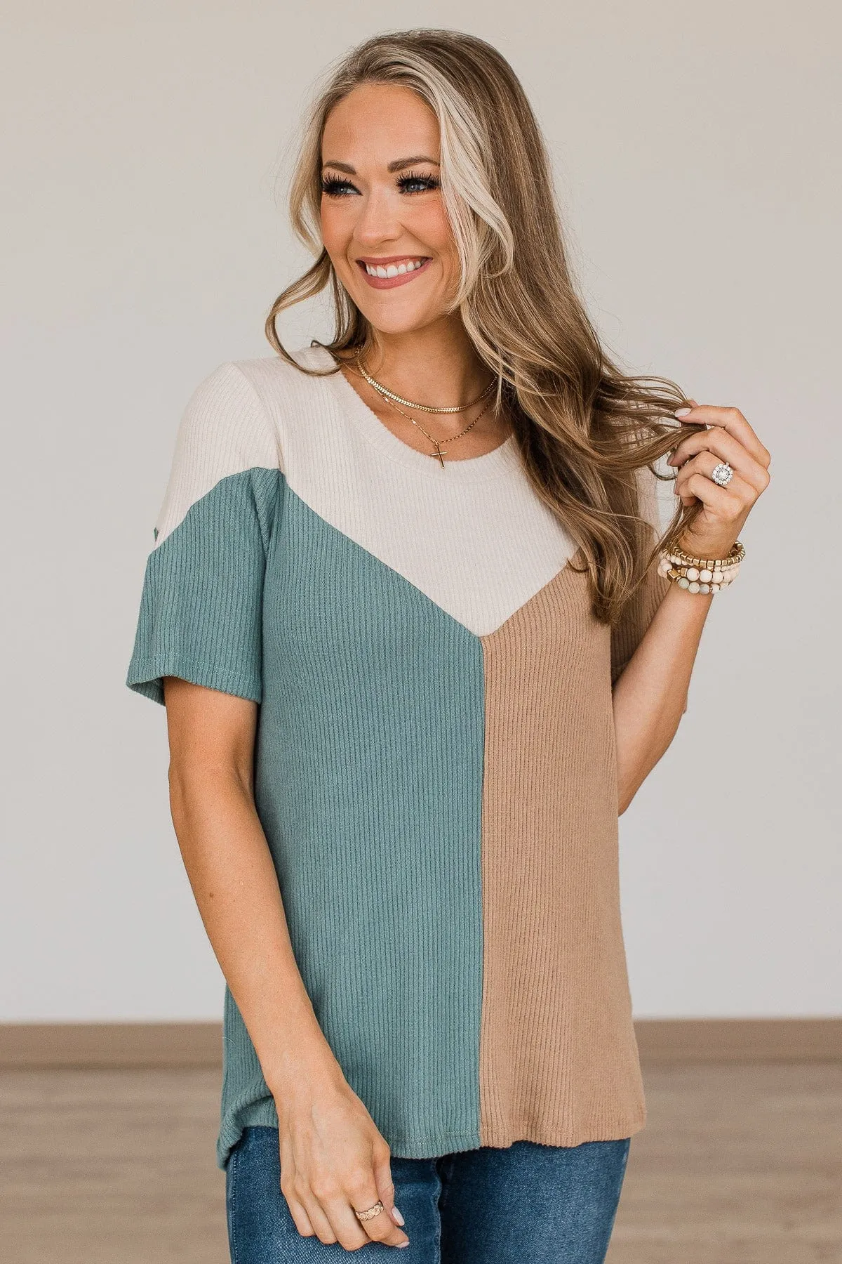 Be The Exception Color Block Top- Taupe & Teal