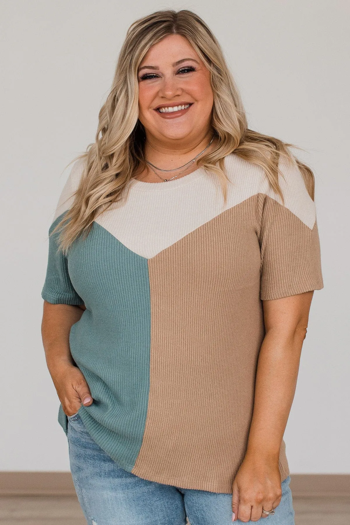 Be The Exception Color Block Top- Taupe & Teal