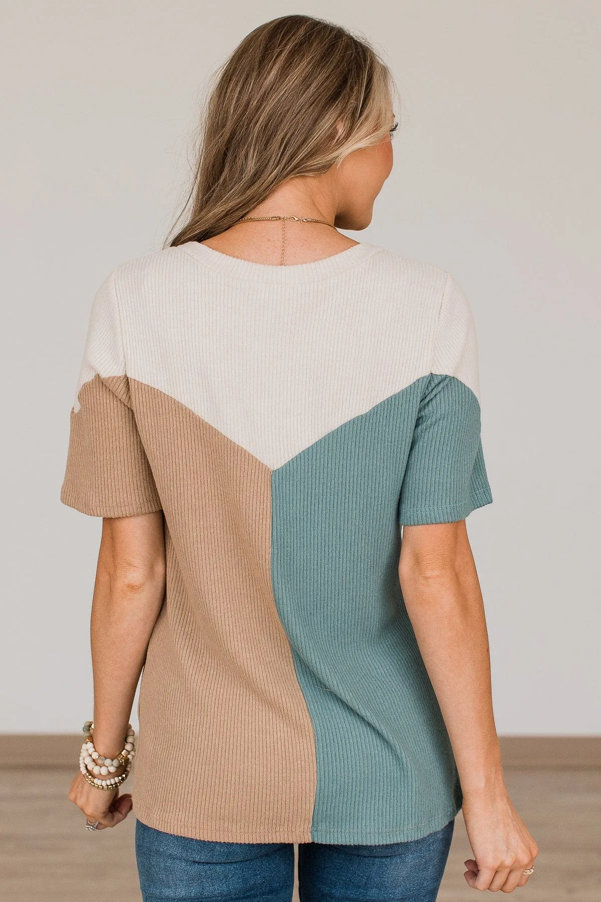 Be The Exception Color Block Top- Taupe & Teal