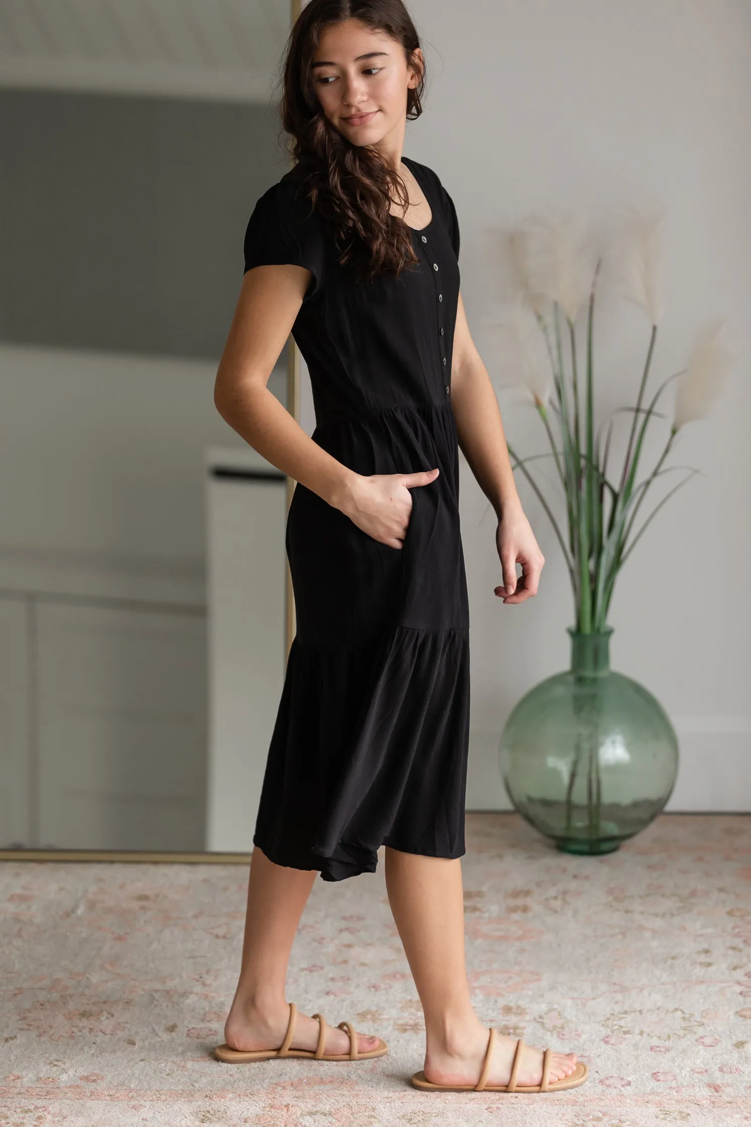 Black Button Up Tiered Midi Dress - FINAL SALE