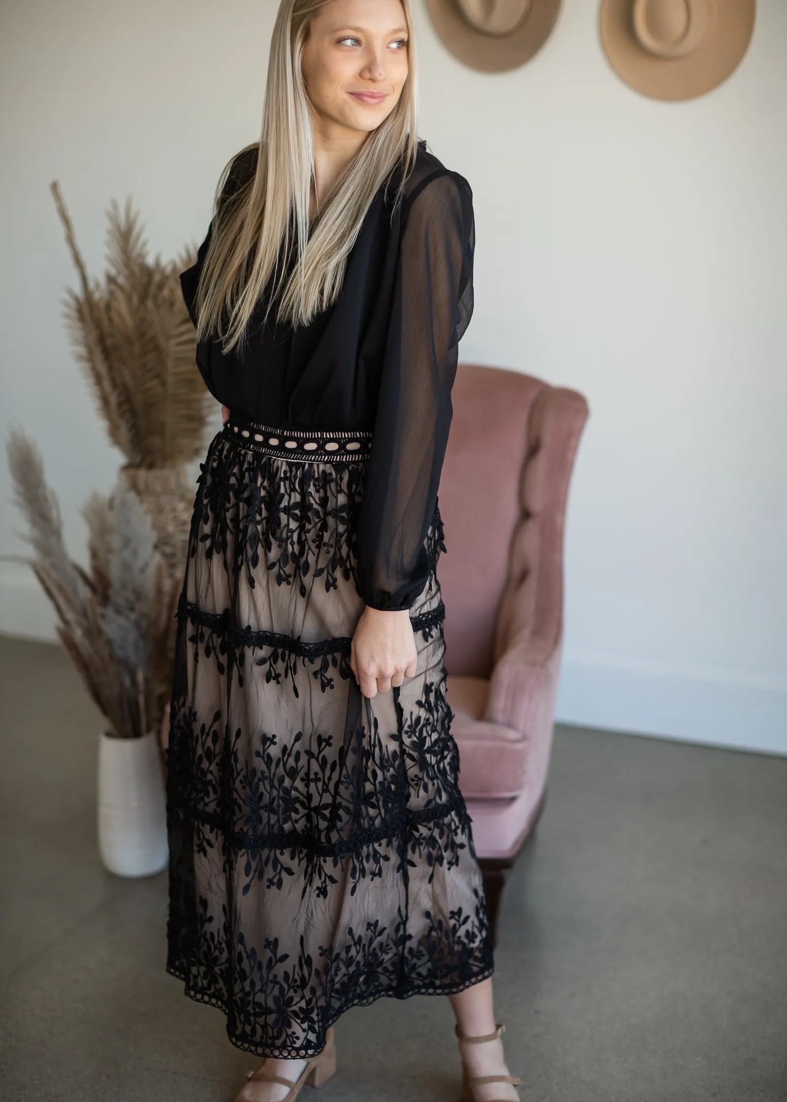 Black Embroidered Lace Overlay Tiered Midi Skirt - Final Sale