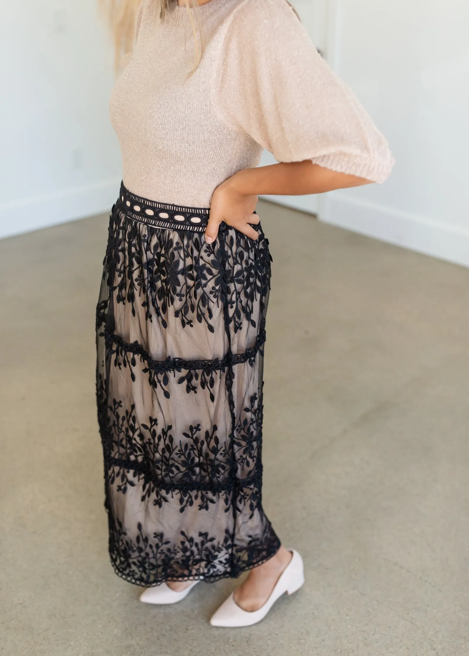 Black Embroidered Lace Overlay Tiered Midi Skirt - Final Sale