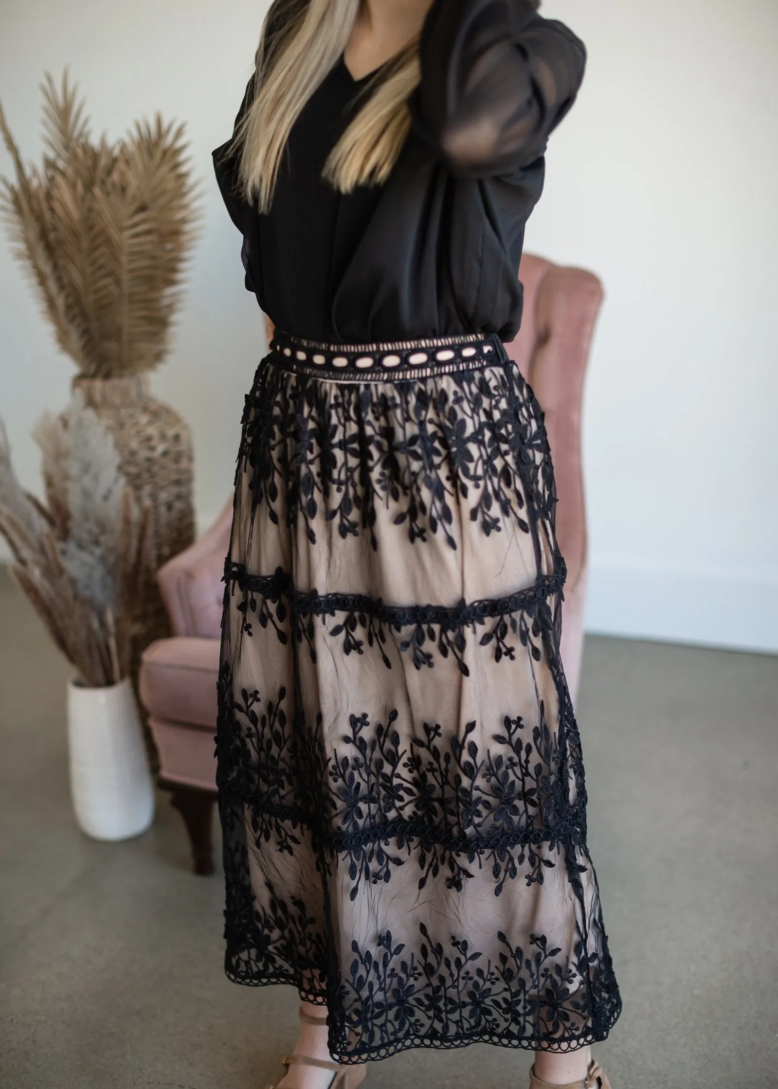 Black Embroidered Lace Overlay Tiered Midi Skirt - Final Sale