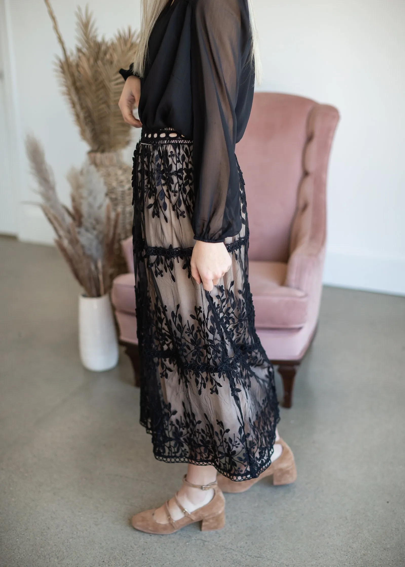 Black Embroidered Lace Overlay Tiered Midi Skirt - Final Sale