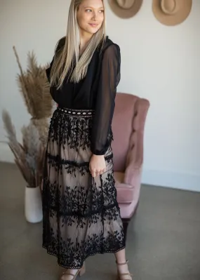 Black Embroidered Lace Overlay Tiered Midi Skirt - Final Sale