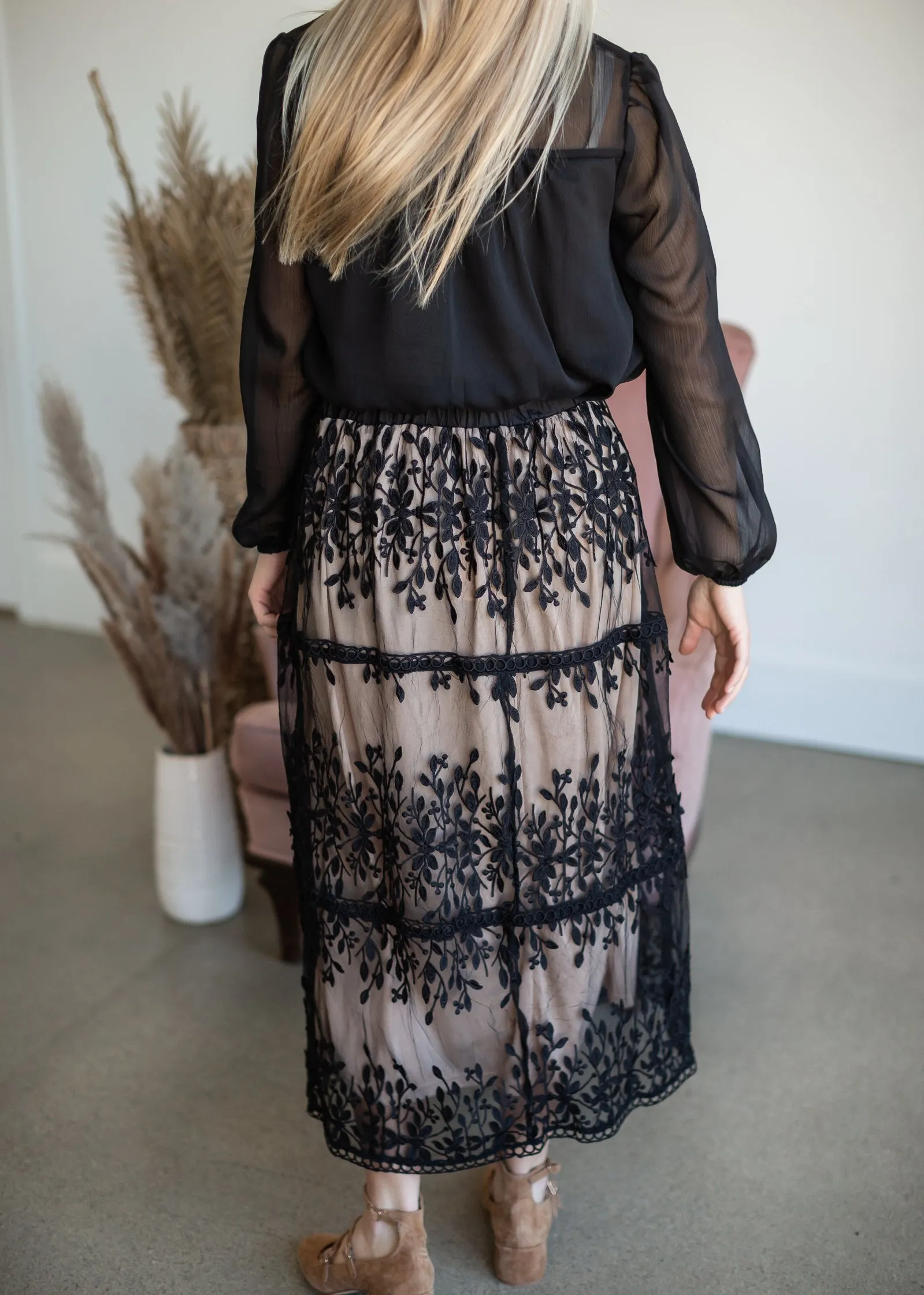 Black Embroidered Lace Overlay Tiered Midi Skirt - Final Sale