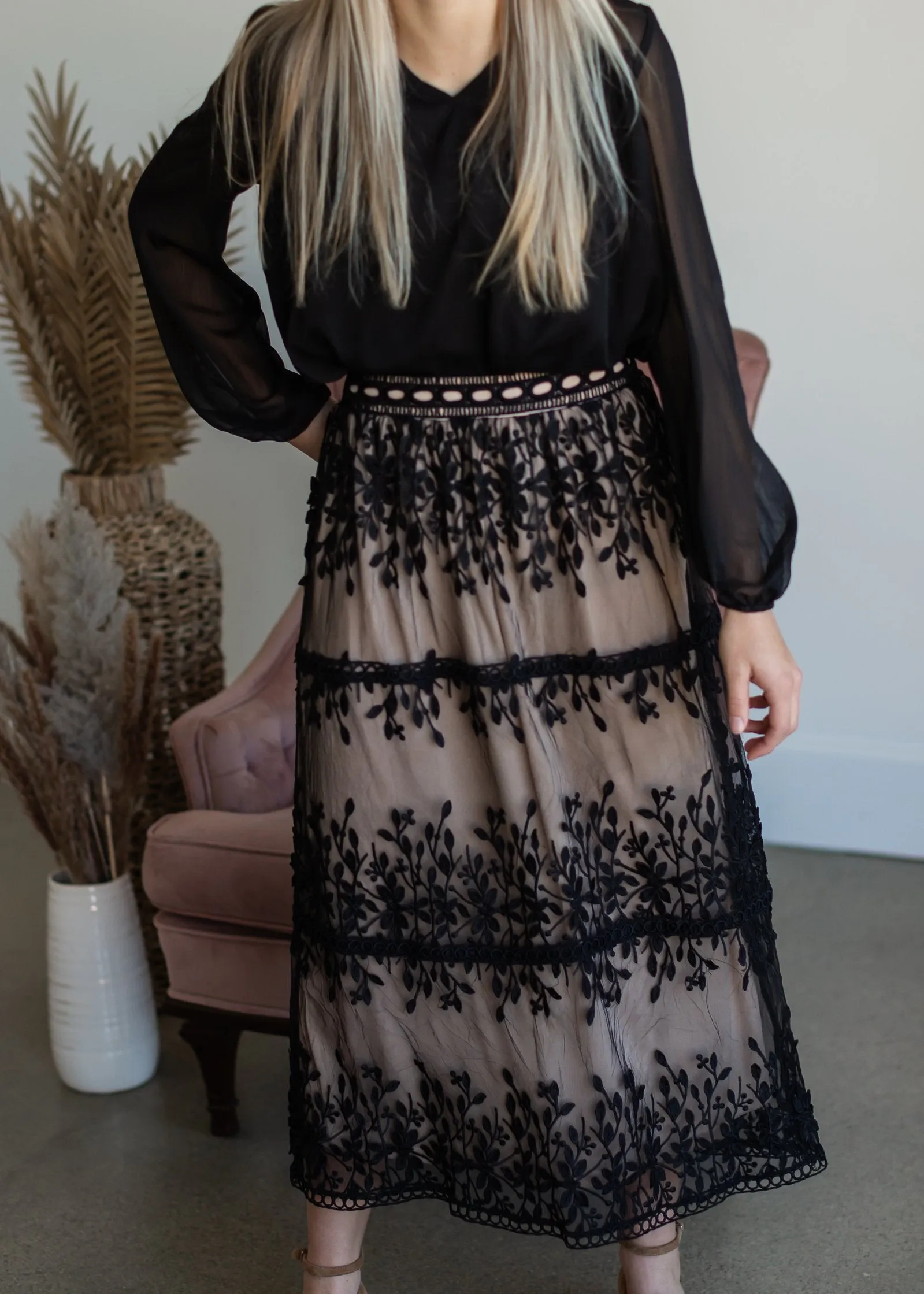 Black Embroidered Lace Overlay Tiered Midi Skirt - Final Sale