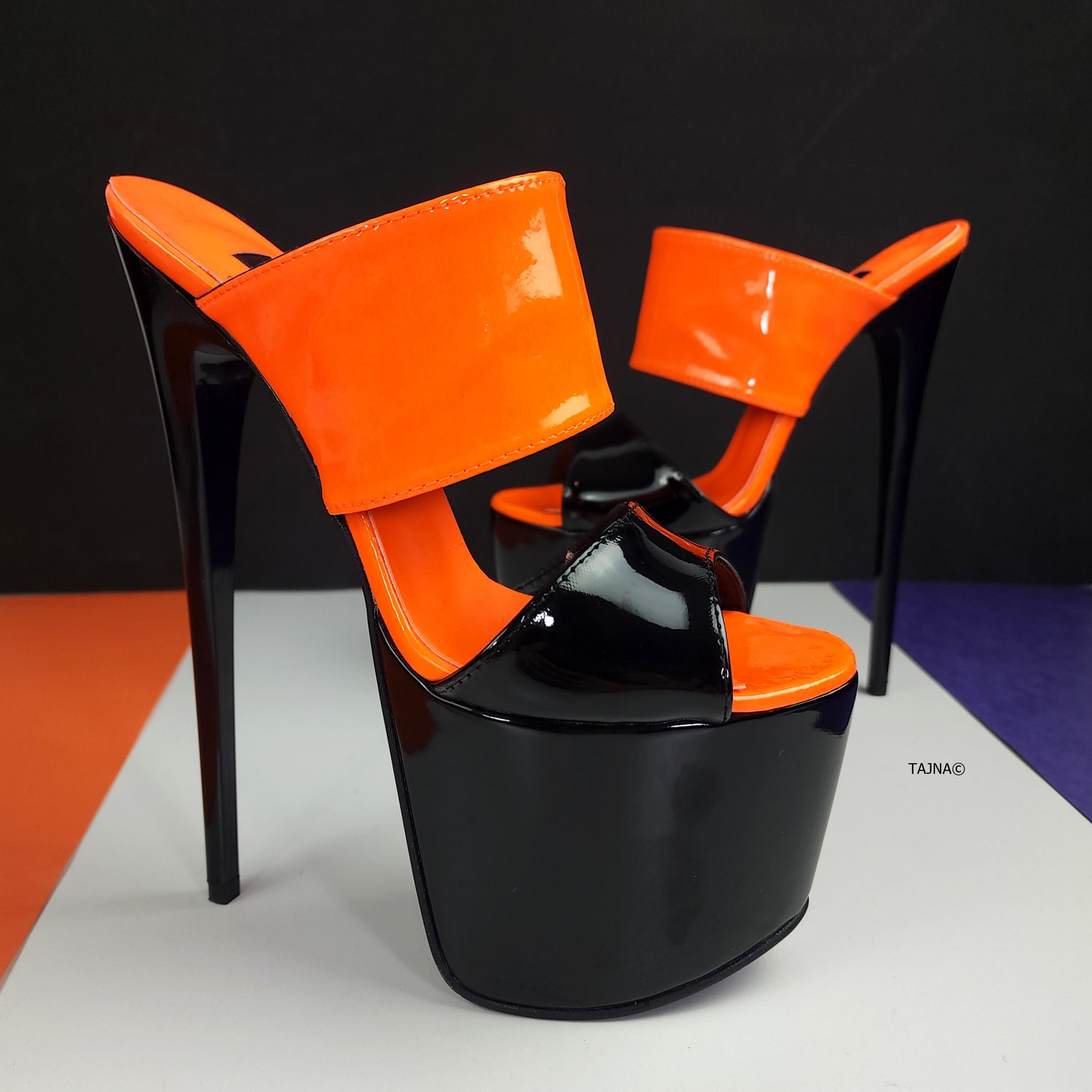 Black Orange Gloss Double Strap Mules