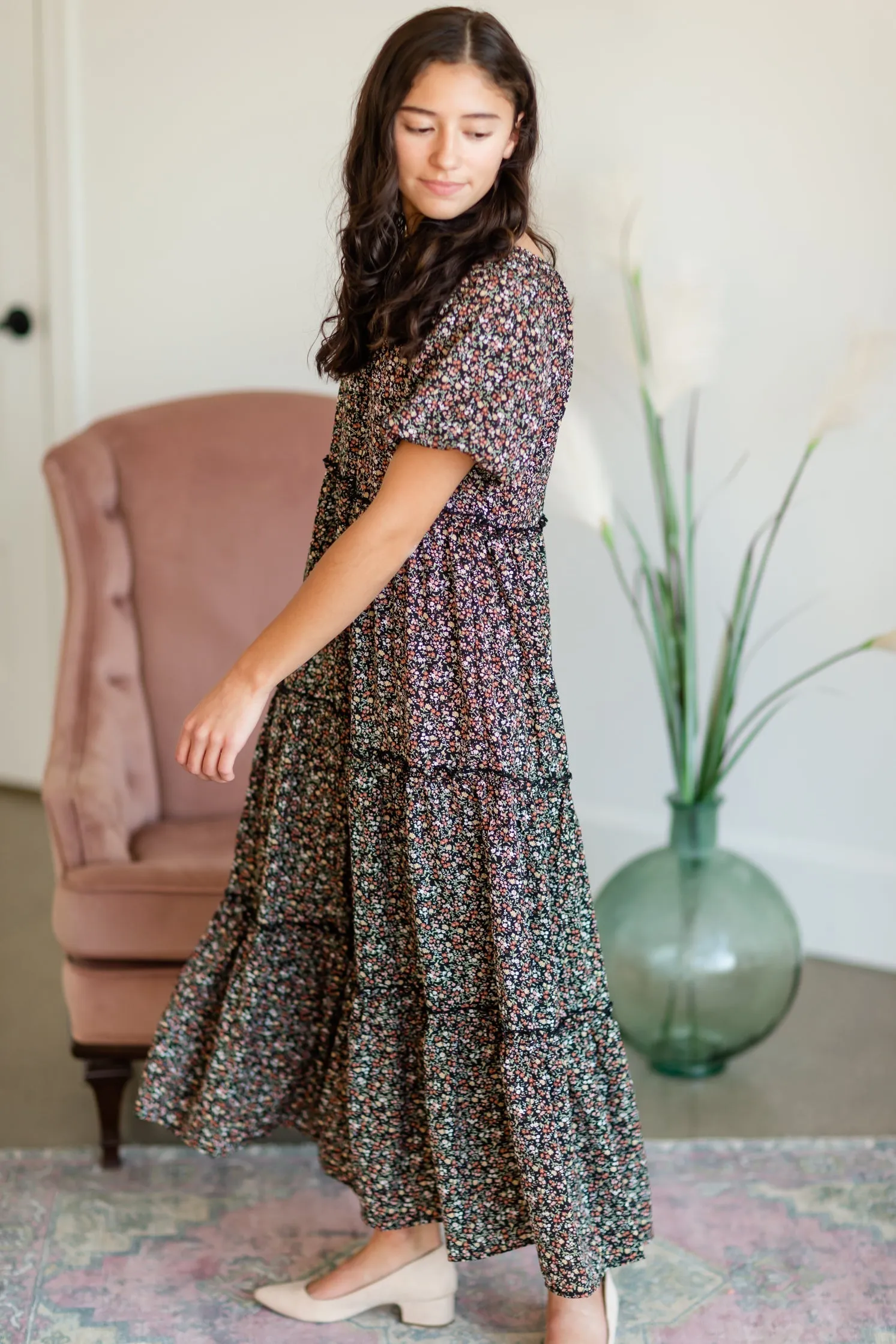 Black Puff Sleeve Tiny Floral Tiered Midi Dress - FINAL SALE