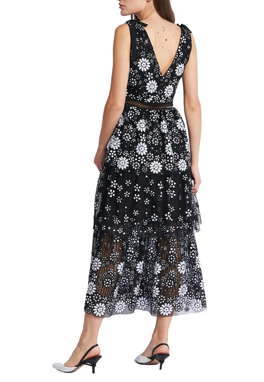 Black Starlet Deco V-neck Sequins Tiered Midi Dress