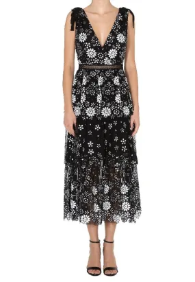 Black Starlet Deco V-neck Sequins Tiered Midi Dress