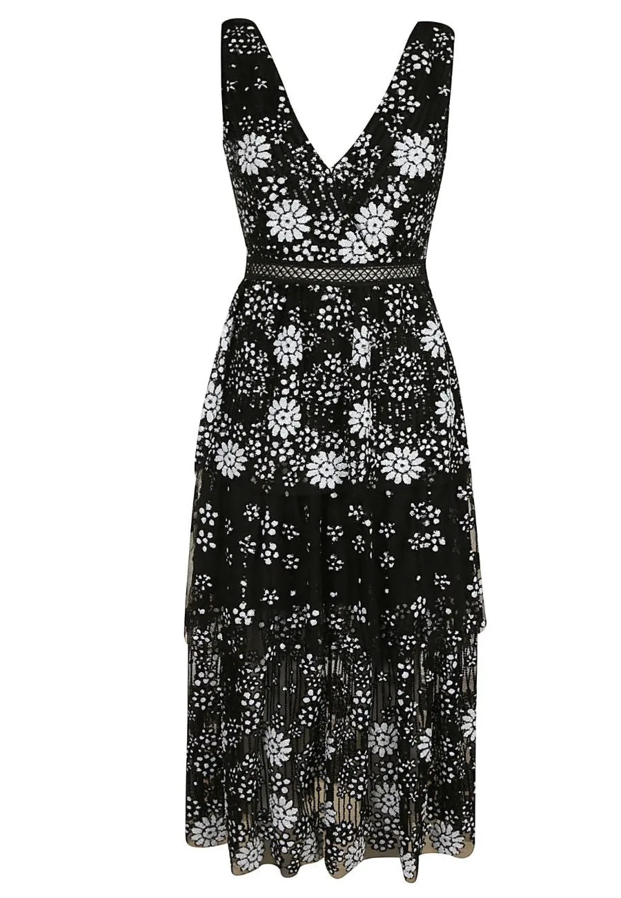 Black Starlet Deco V-neck Sequins Tiered Midi Dress