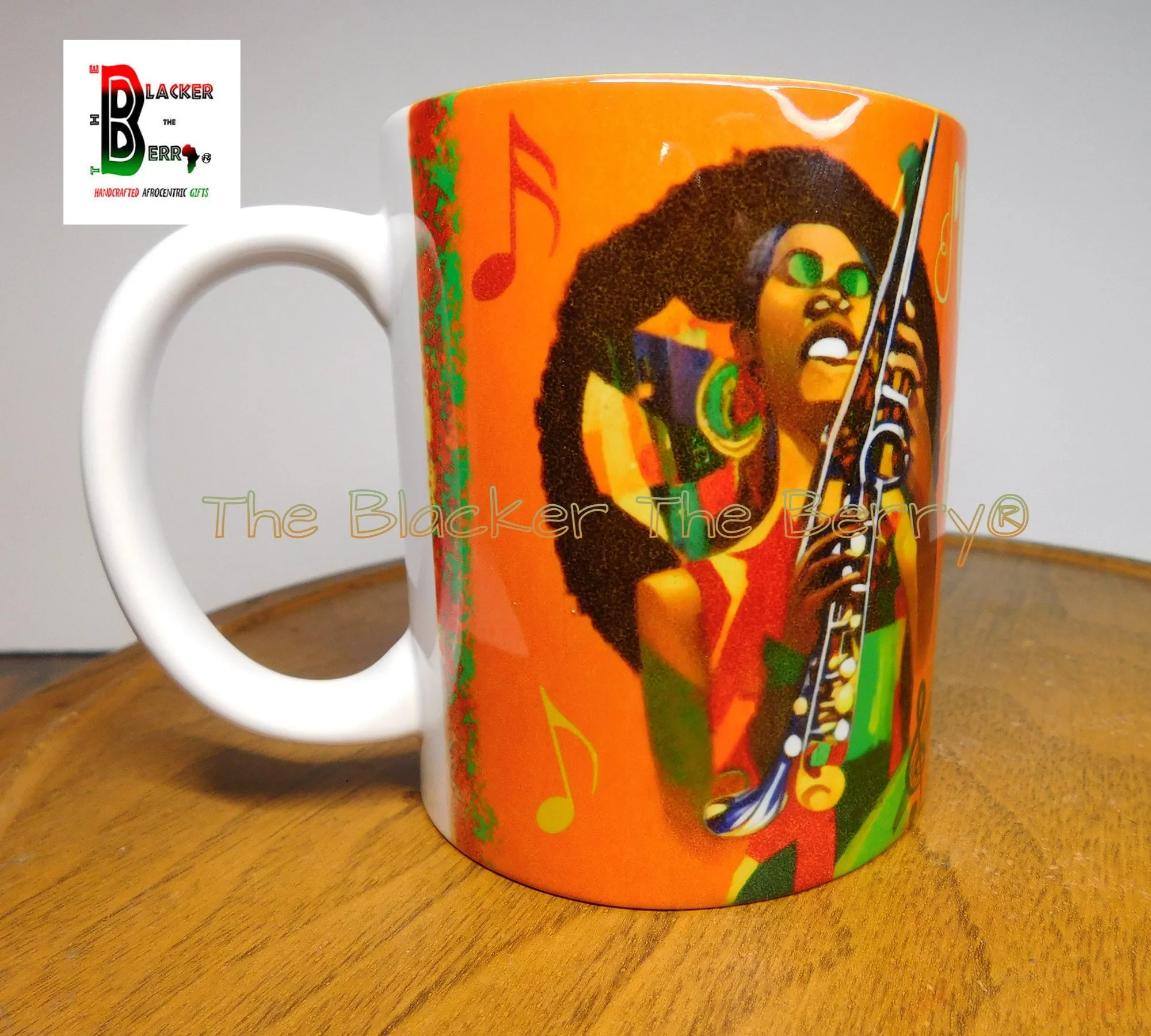 Black Woman Mug Cup Abstract Music Feeds The Soul Orange Afrocentric Handmade Black Owned Business