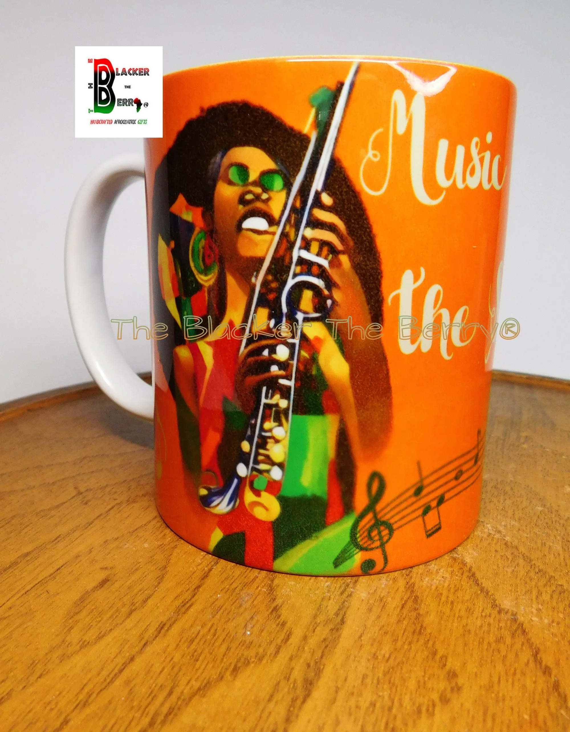 Black Woman Mug Cup Abstract Music Feeds The Soul Orange Afrocentric Handmade Black Owned Business