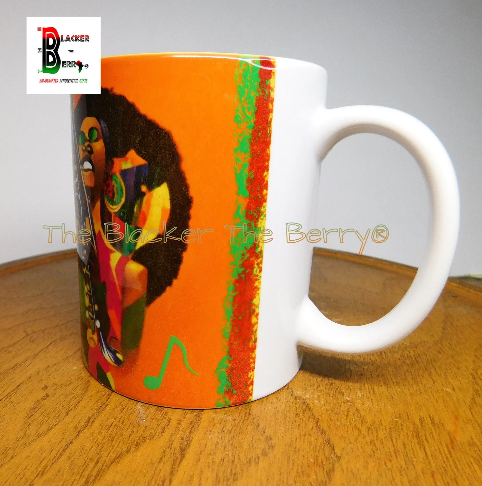 Black Woman Mug Cup Abstract Music Feeds The Soul Orange Afrocentric Handmade Black Owned Business