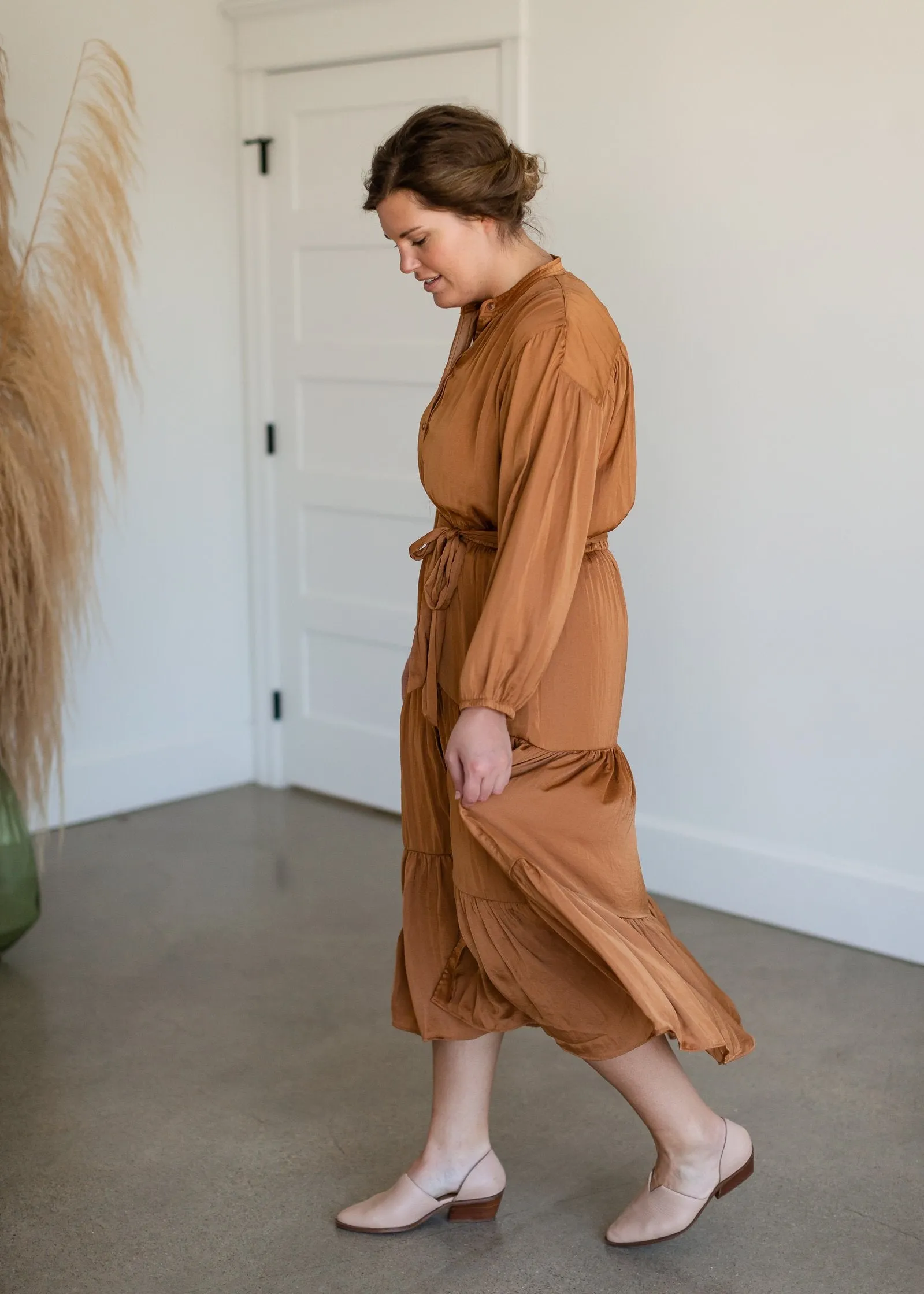 Camel Button Up Crinkle Tiered Midi Dress - FINAL SALE