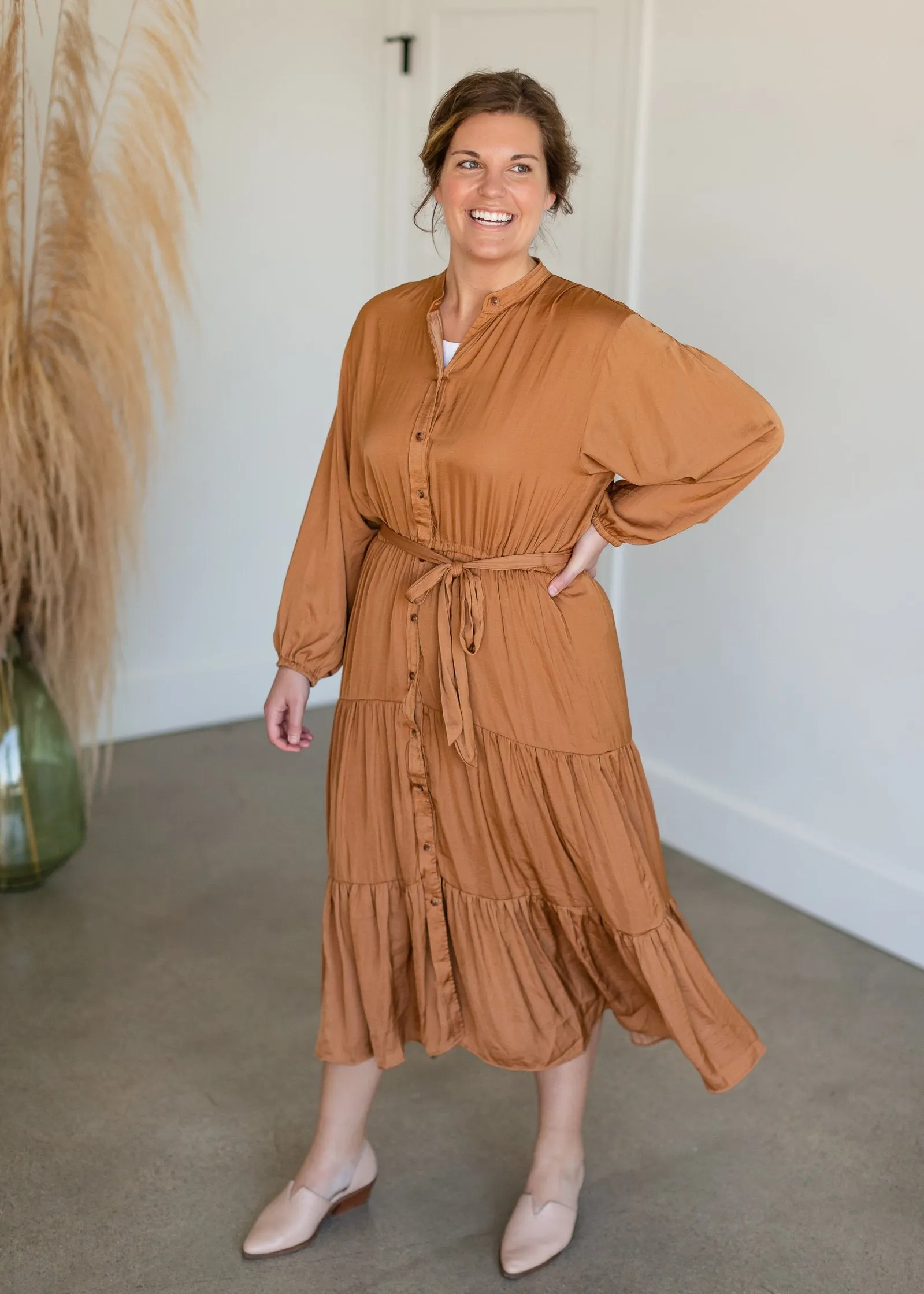 Camel Button Up Crinkle Tiered Midi Dress - FINAL SALE