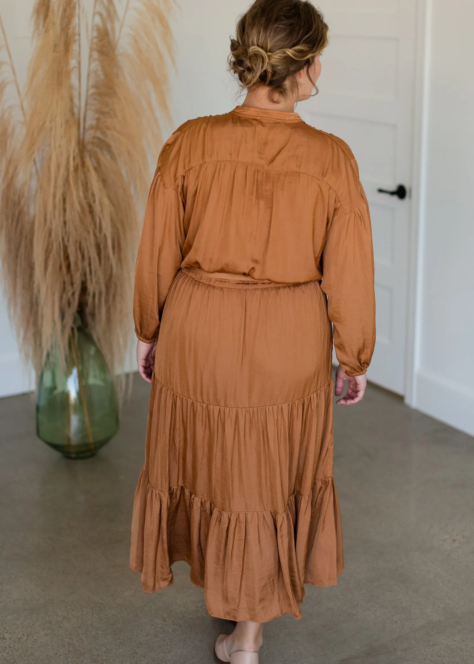 Camel Button Up Crinkle Tiered Midi Dress - FINAL SALE