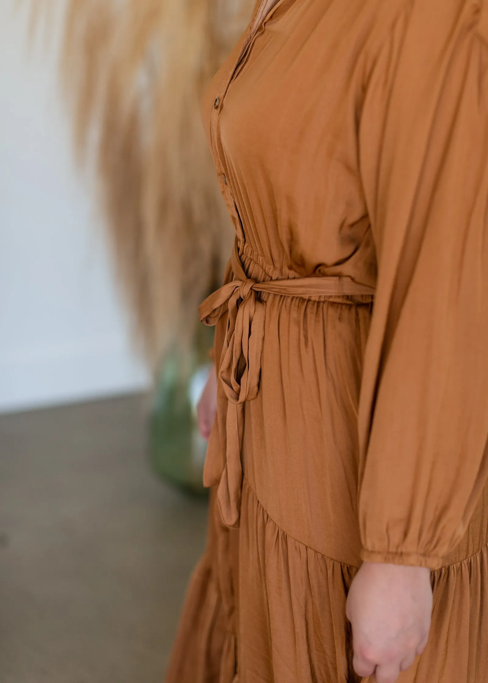 Camel Button Up Crinkle Tiered Midi Dress - FINAL SALE