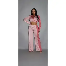 Colorblock Crop Blazer With Matching Low Rise Wide Leg Pant Set With Pockets