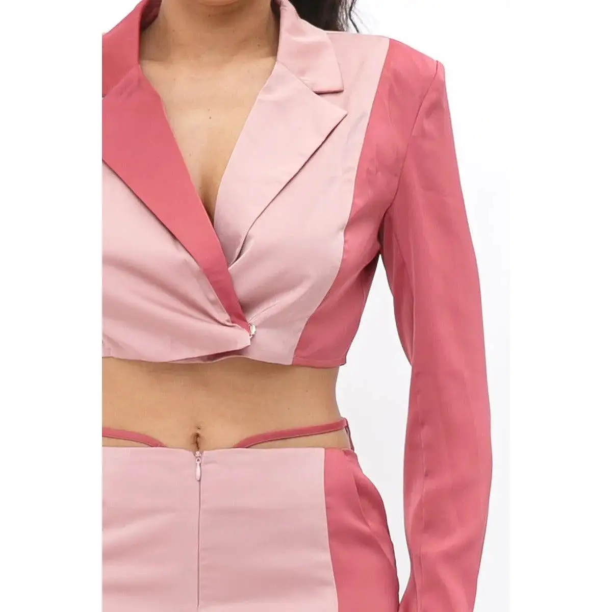 Colorblock Crop Blazer With Matching Low Rise Wide Leg Pant Set With Pockets