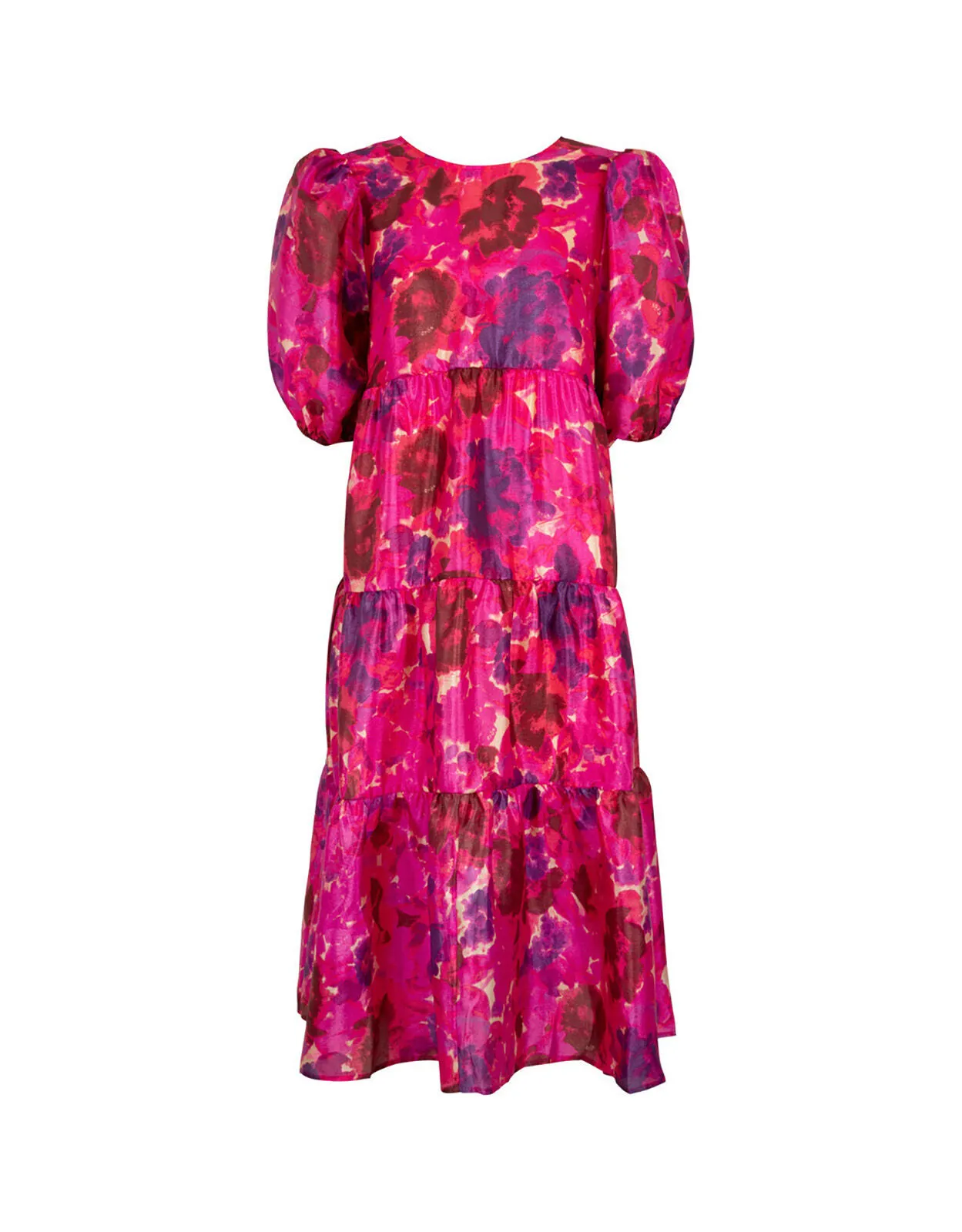 Crās Puff Sleeve Floral Tiered Midi Dress Pink