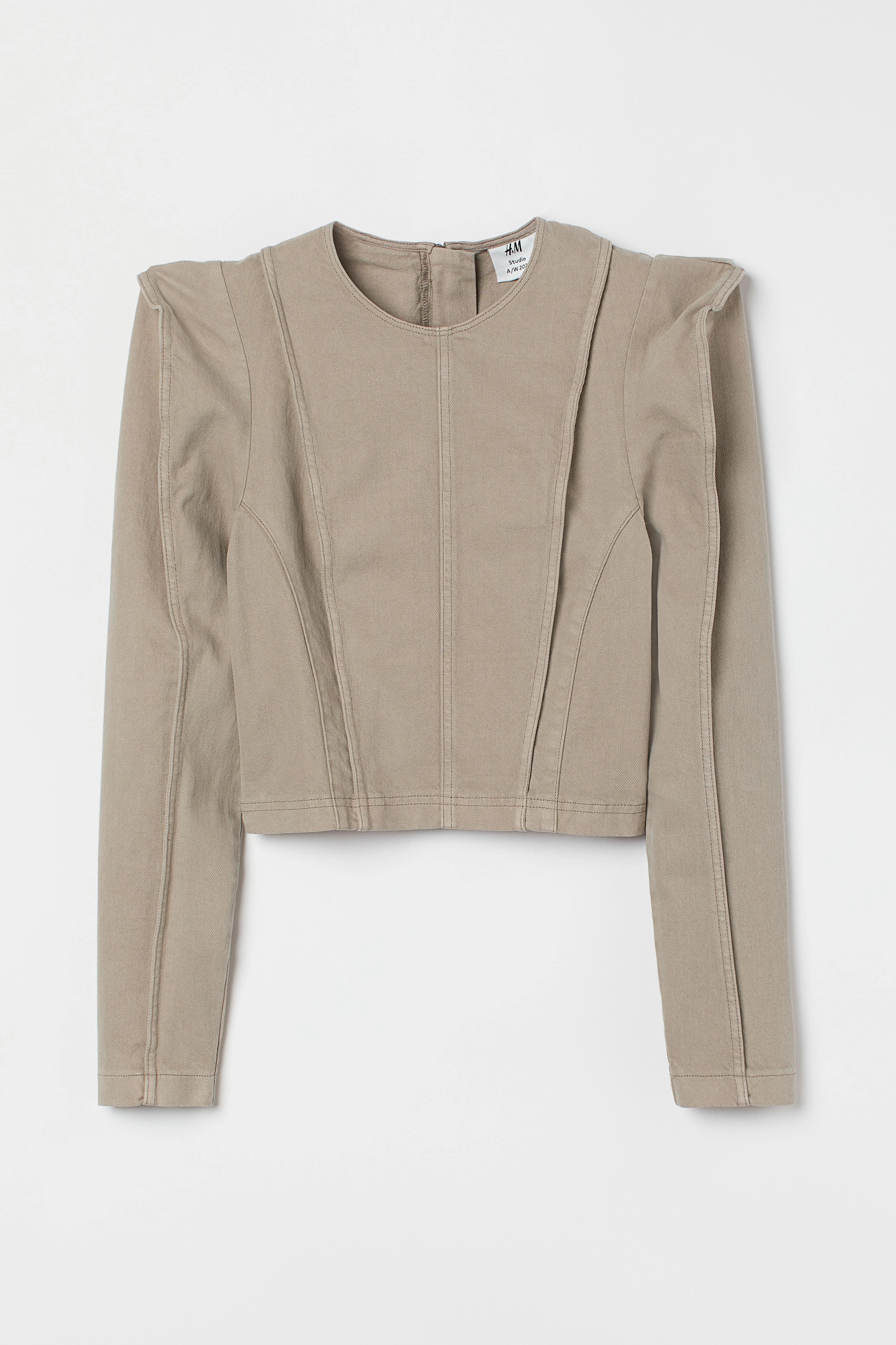 Denim cropped top - Round neck - Extra long sleeve - Light beige - Ladies | H&M GB