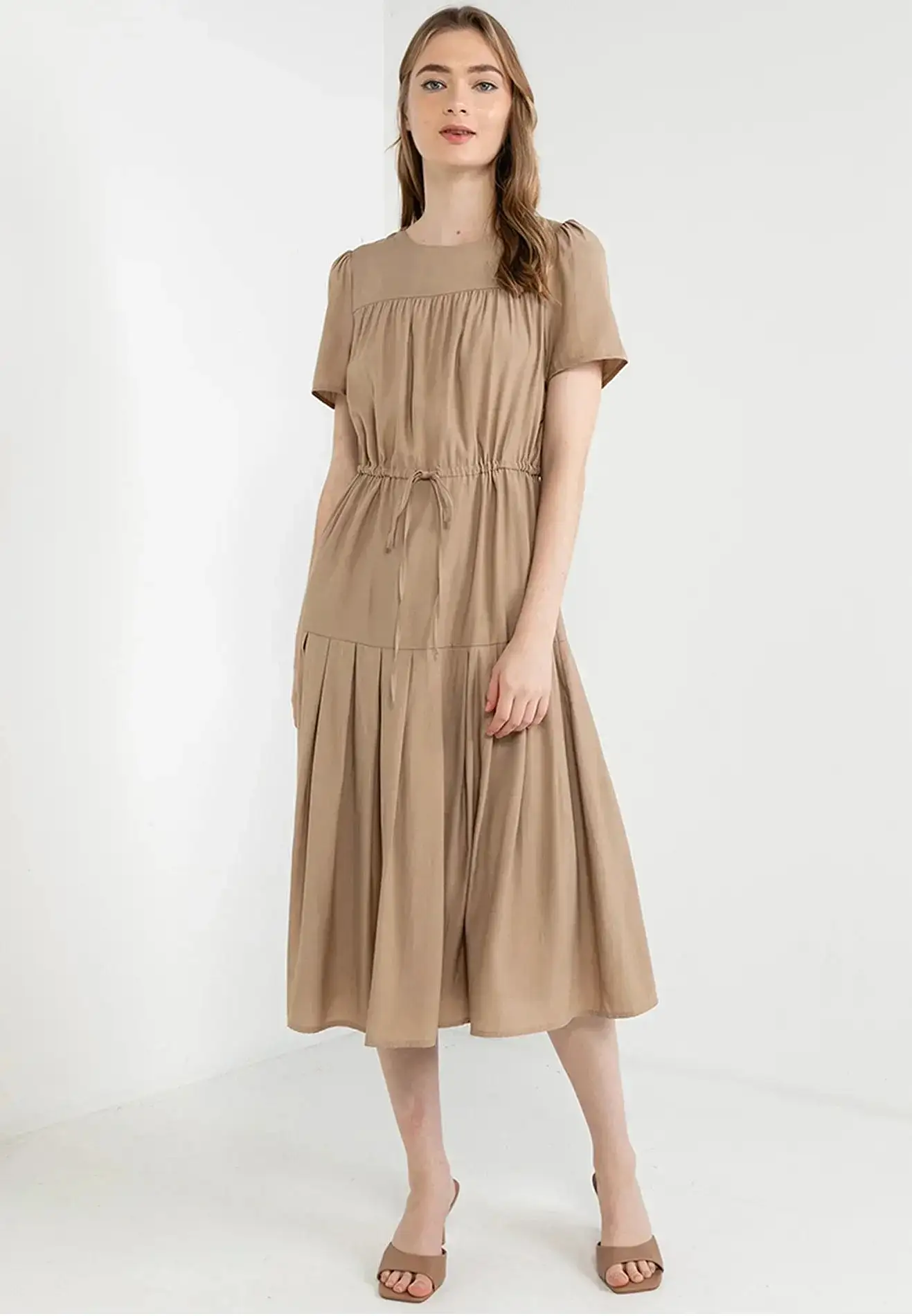 ELLE Apparel Elegance Drawstring Tiered Midi Dress