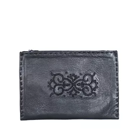 Embroidered Leather Pouch in Black