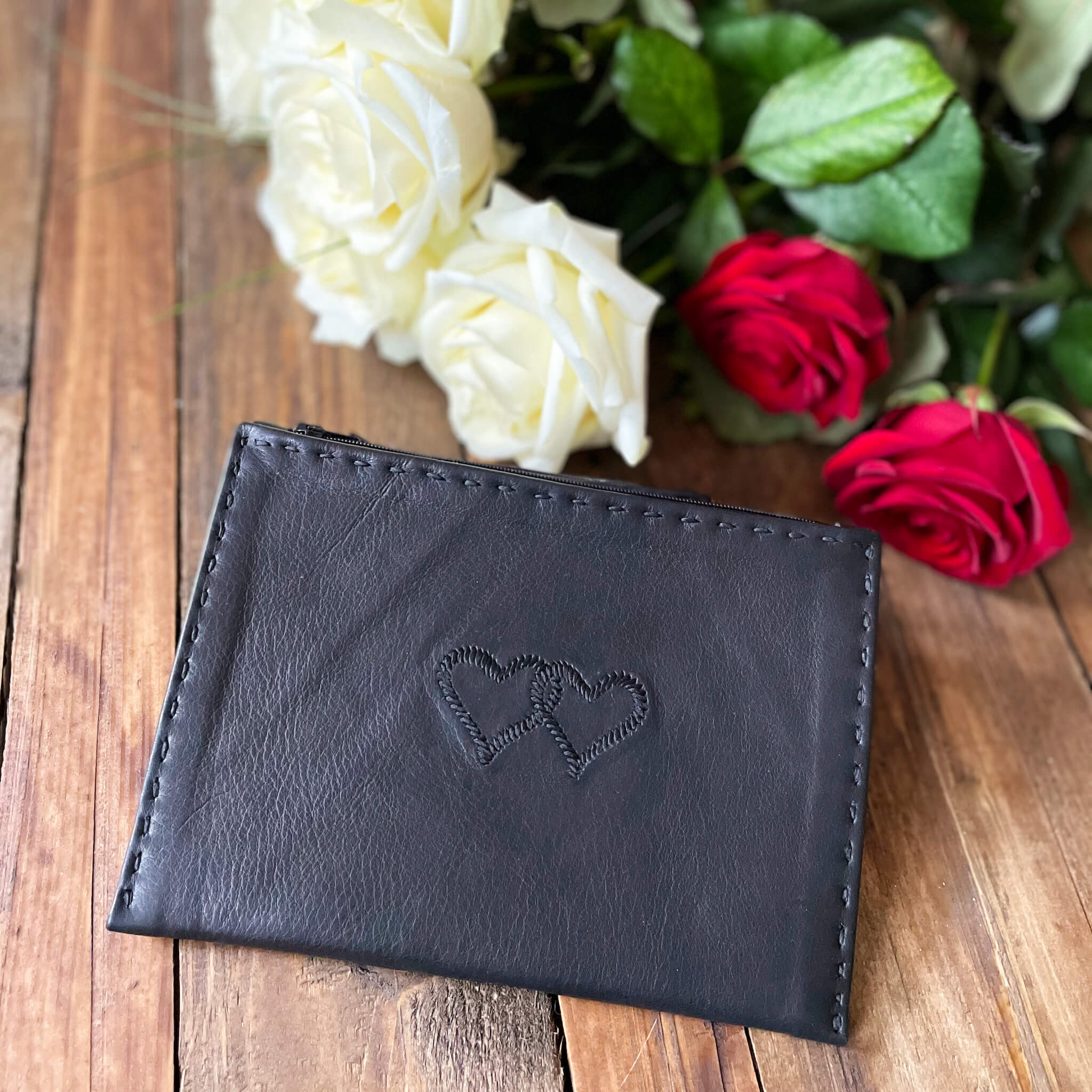 Embroidered Leather Pouch *Love Edition* in Black