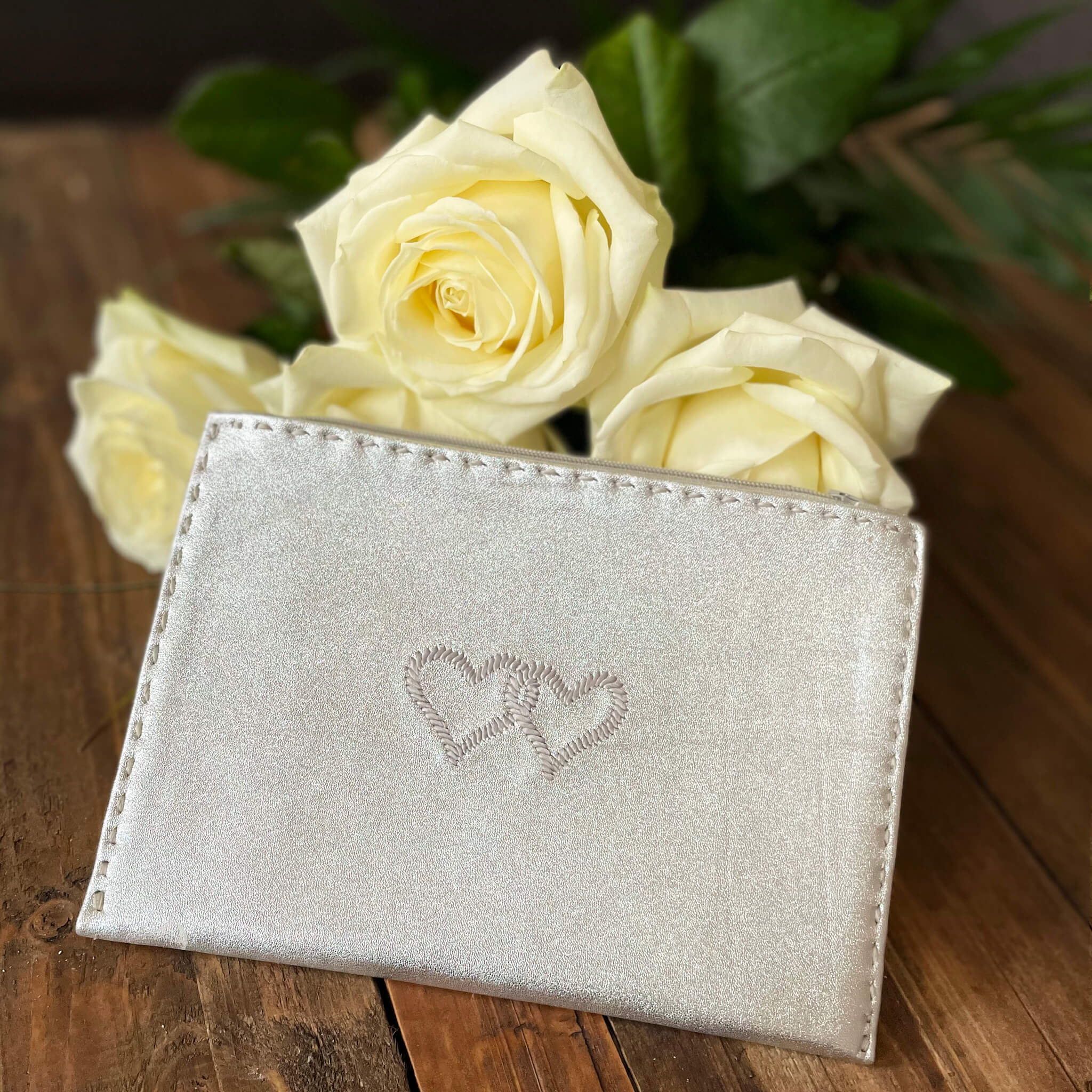 Embroidered Leather Pouch *Love Edition* in Silver