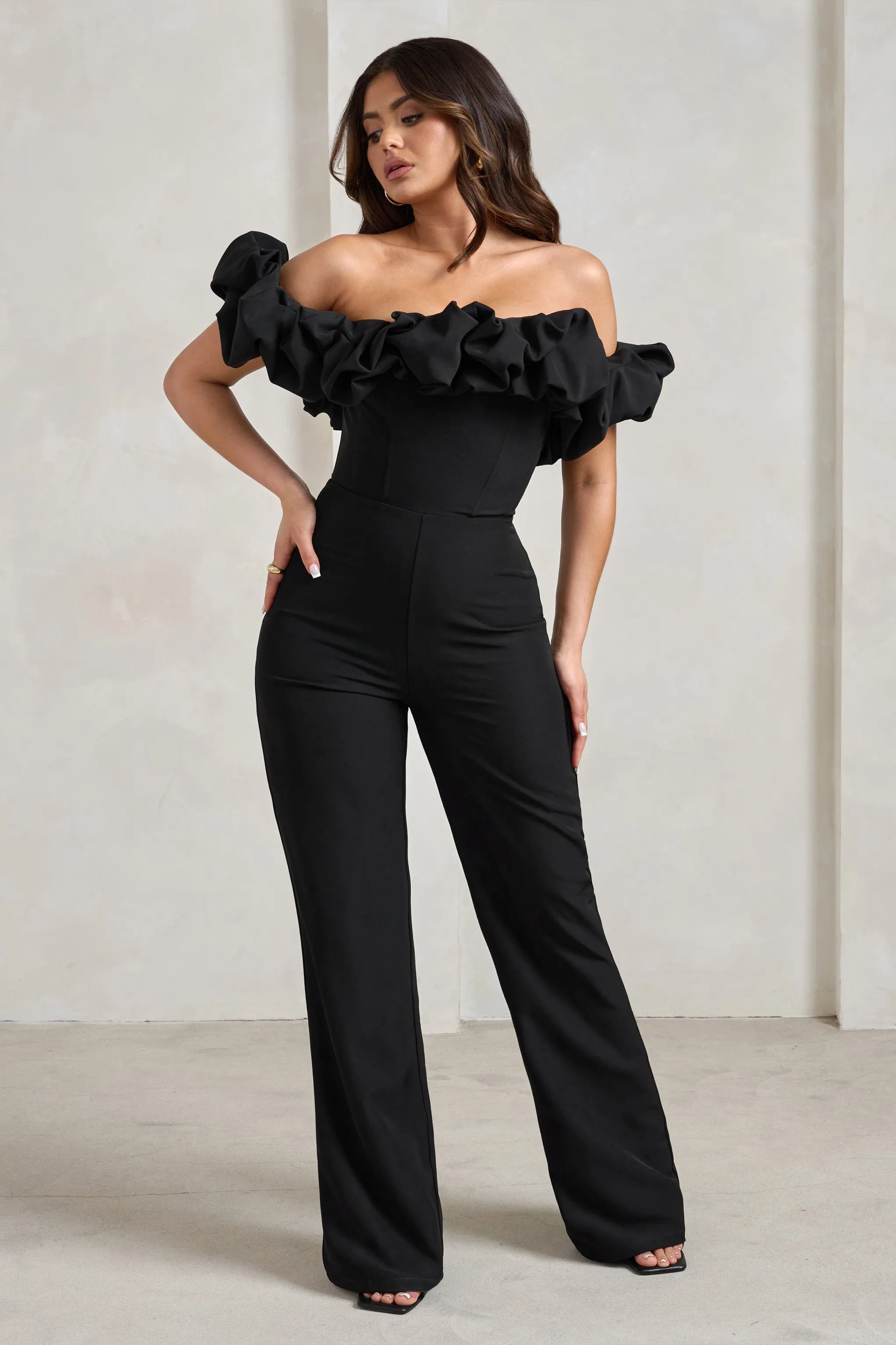 Esmie | Black Structured Statement Bardot Wide Leg Jumpsuit