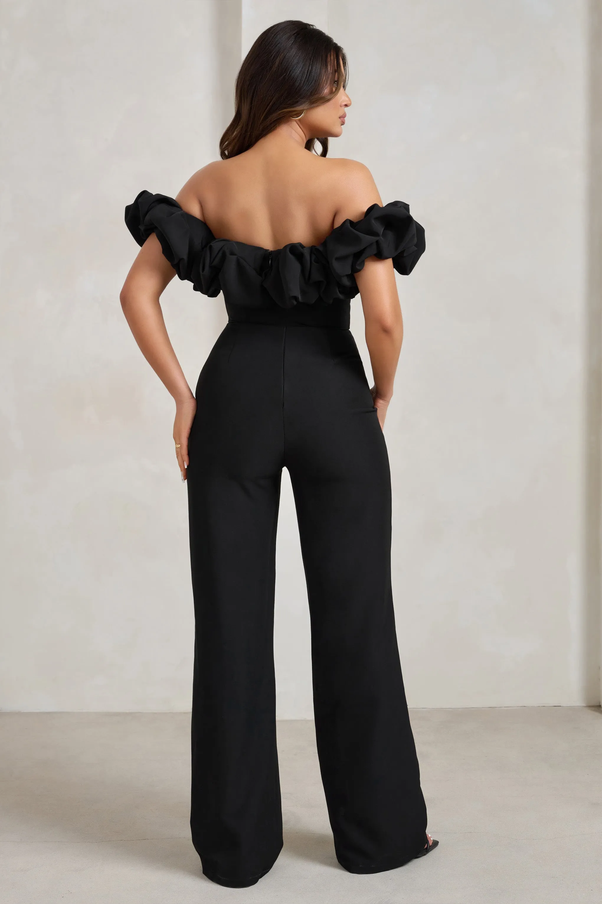 Esmie | Black Structured Statement Bardot Wide Leg Jumpsuit