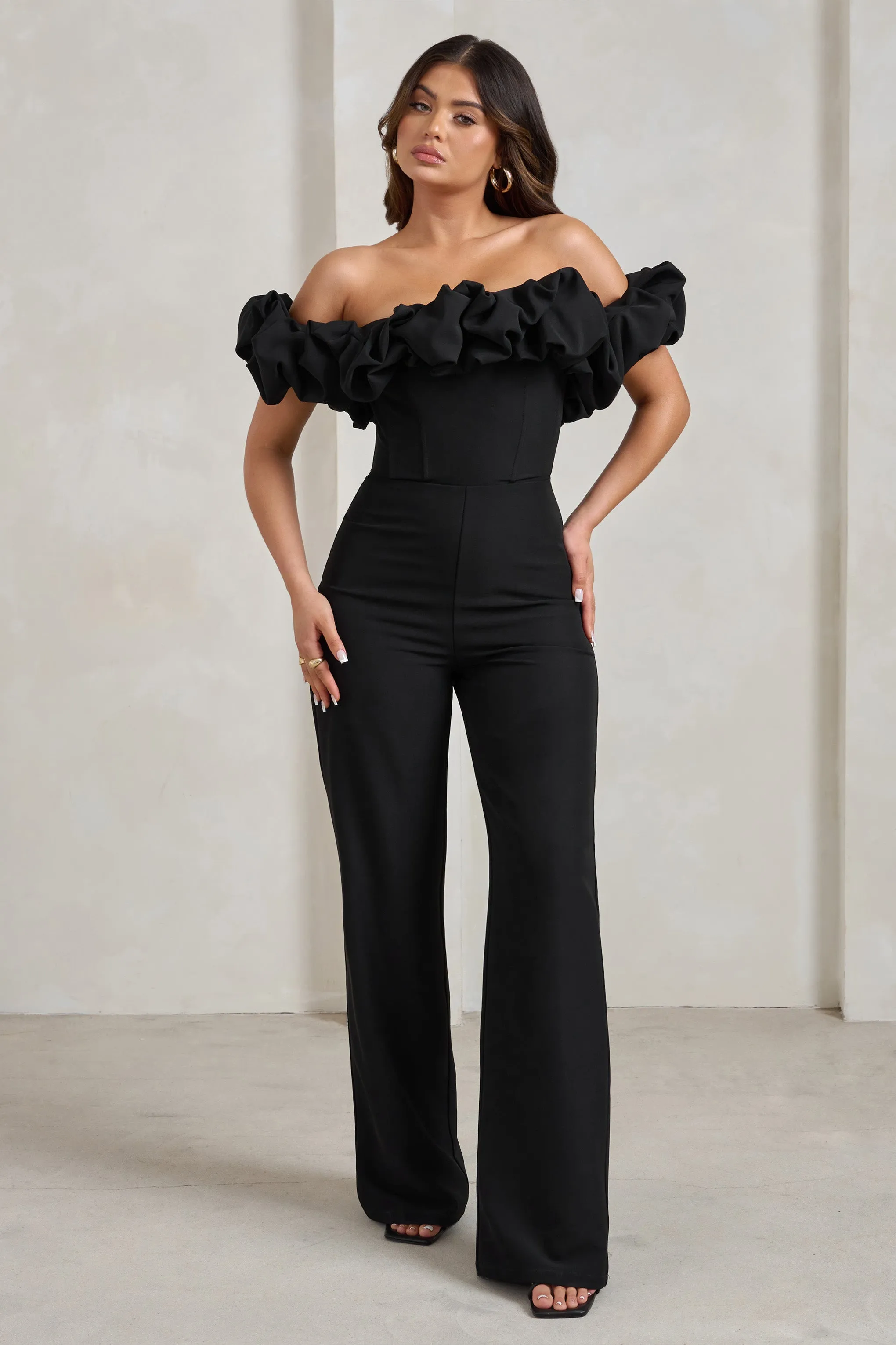 Esmie | Black Structured Statement Bardot Wide Leg Jumpsuit