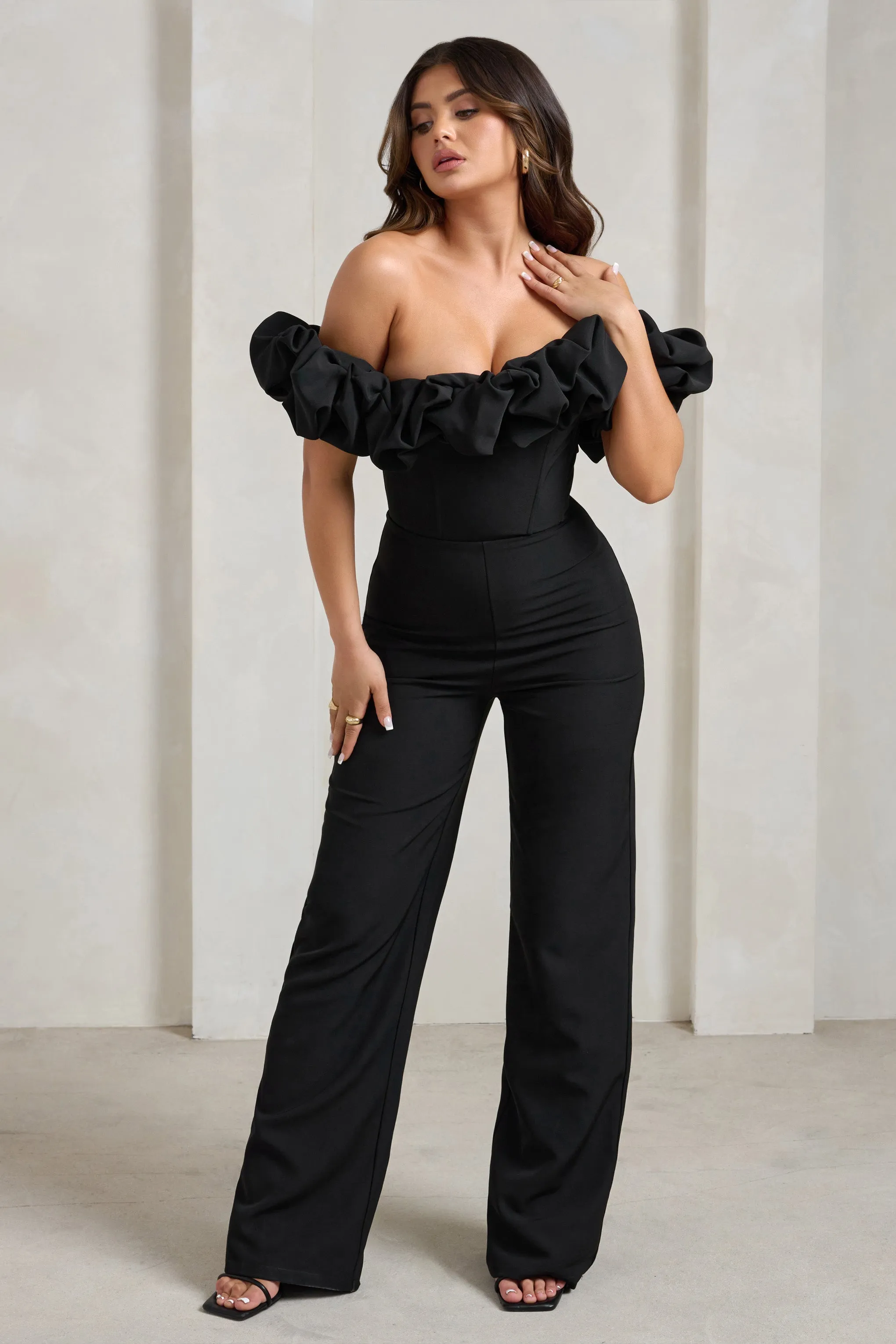 Esmie | Black Structured Statement Bardot Wide Leg Jumpsuit