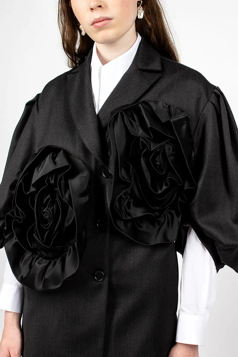 Exaggerated Satin Rose Blazer Charcoal/Black