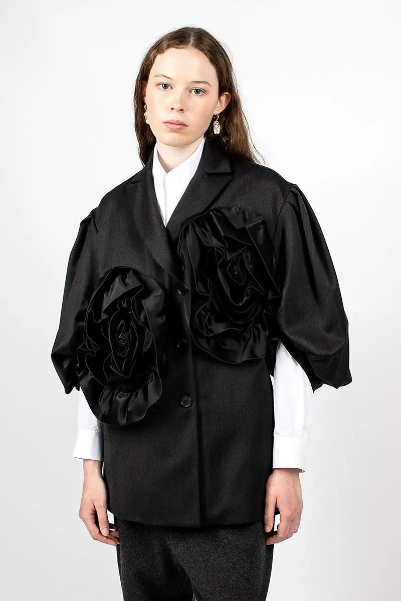 Exaggerated Satin Rose Blazer Charcoal/Black