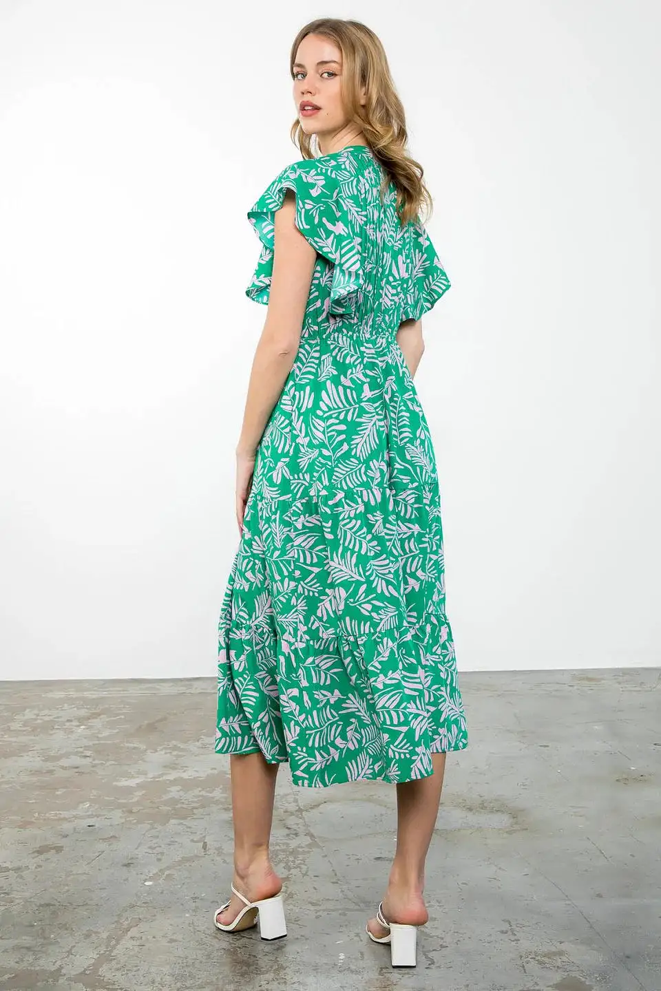 Flutter Sleeve Tiered Midi Dress - Green/Pink