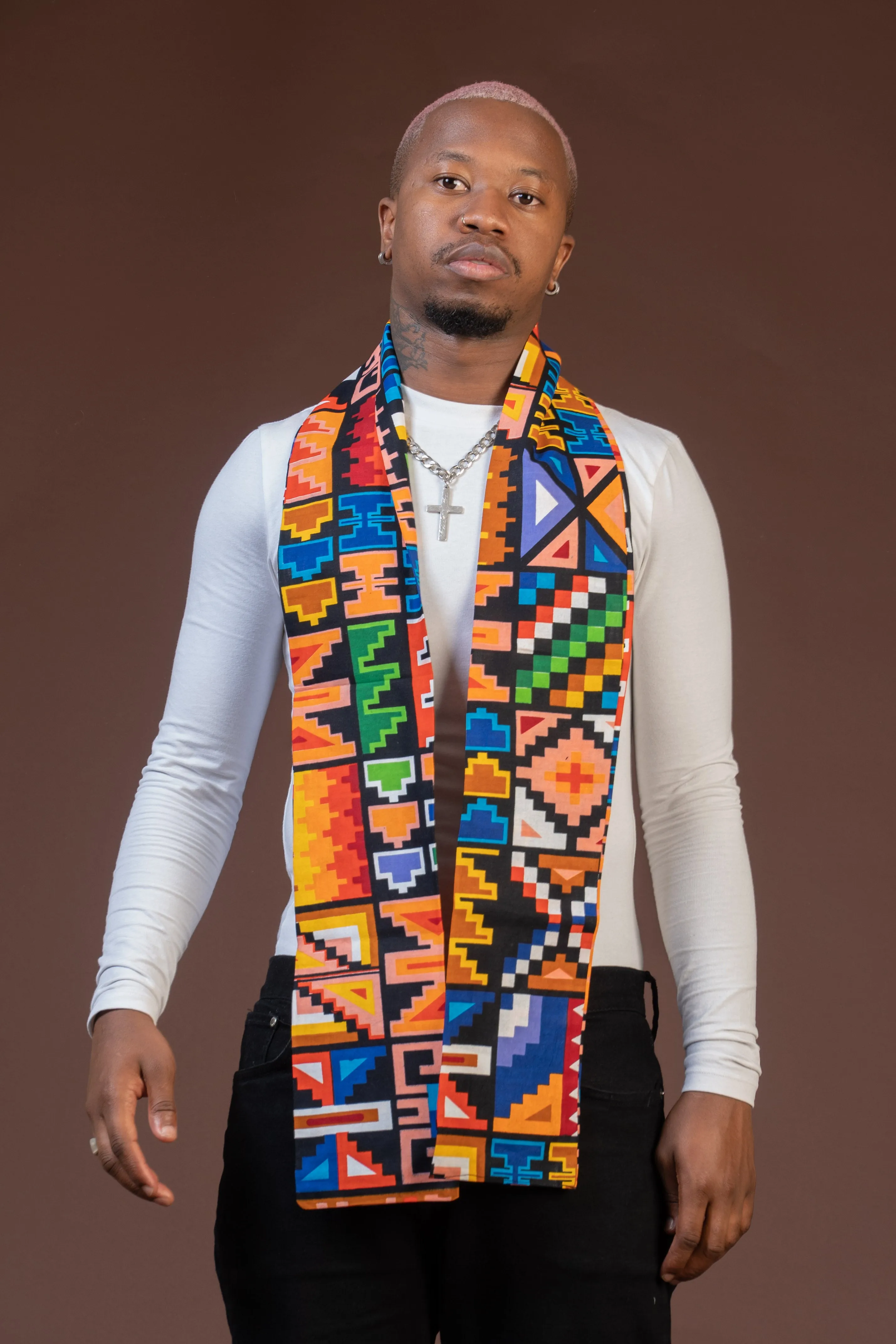 Fred Blue and White Multicolored Ankara Neck Scarf for Men