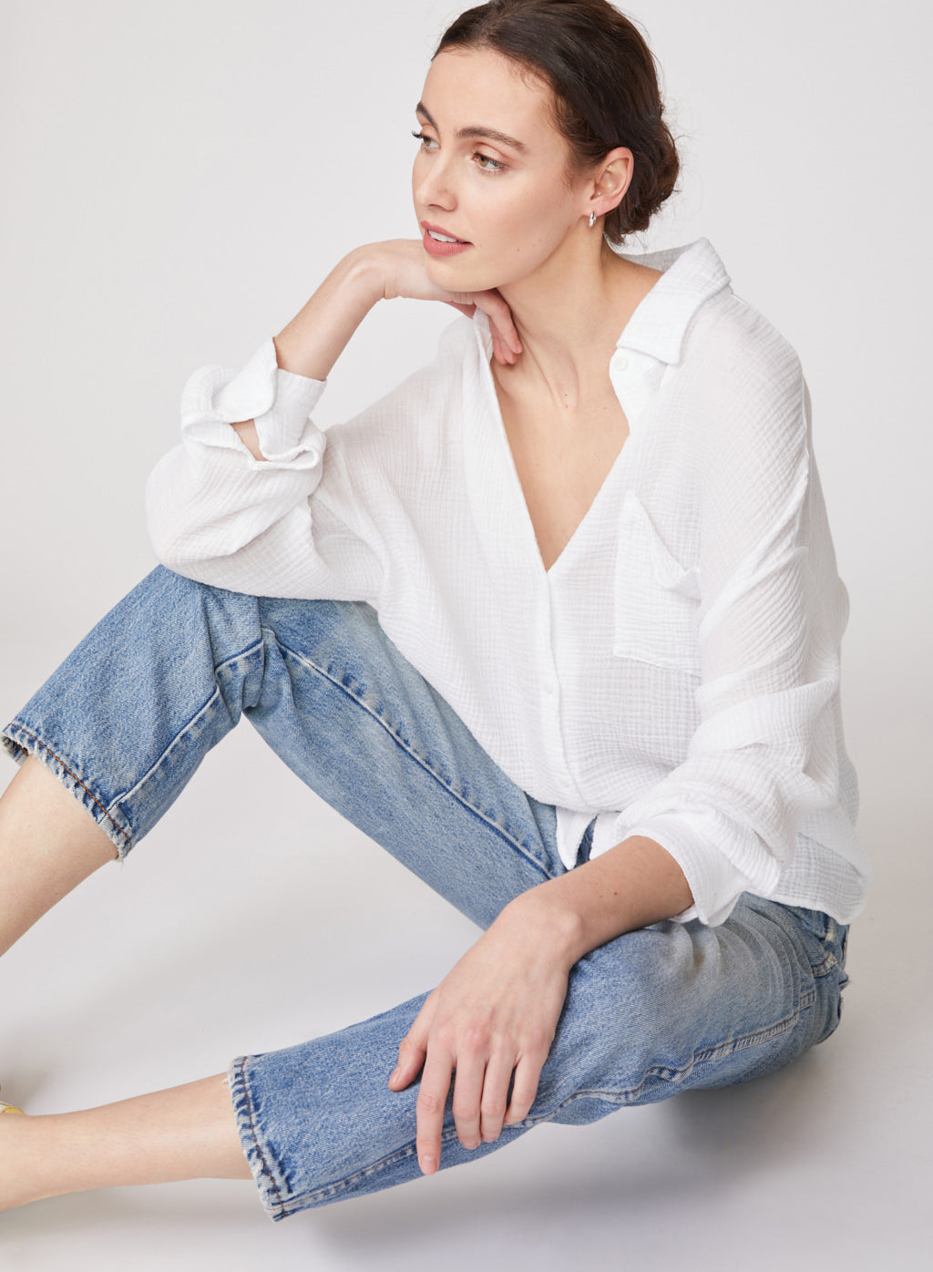 Gauze Long Sleeve Oversized Shirting Top in White