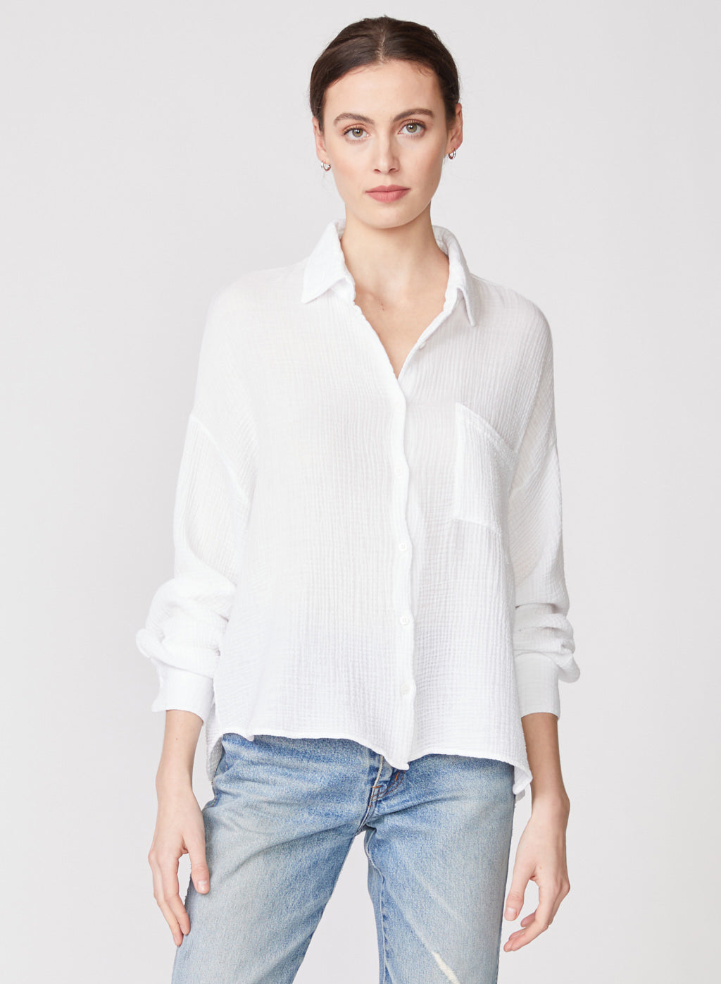 Gauze Long Sleeve Oversized Shirting Top in White