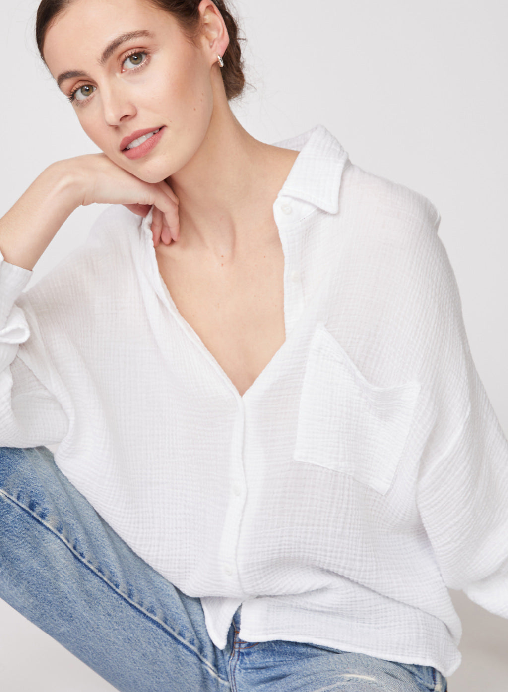 Gauze Long Sleeve Oversized Shirting Top in White