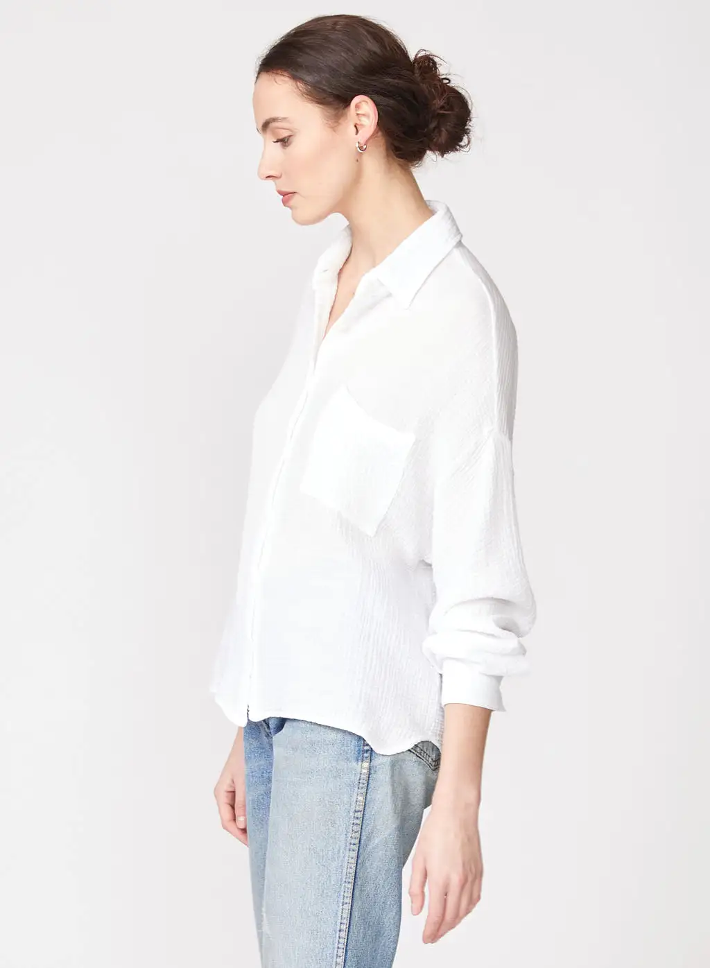 Gauze Long Sleeve Oversized Shirting Top in White