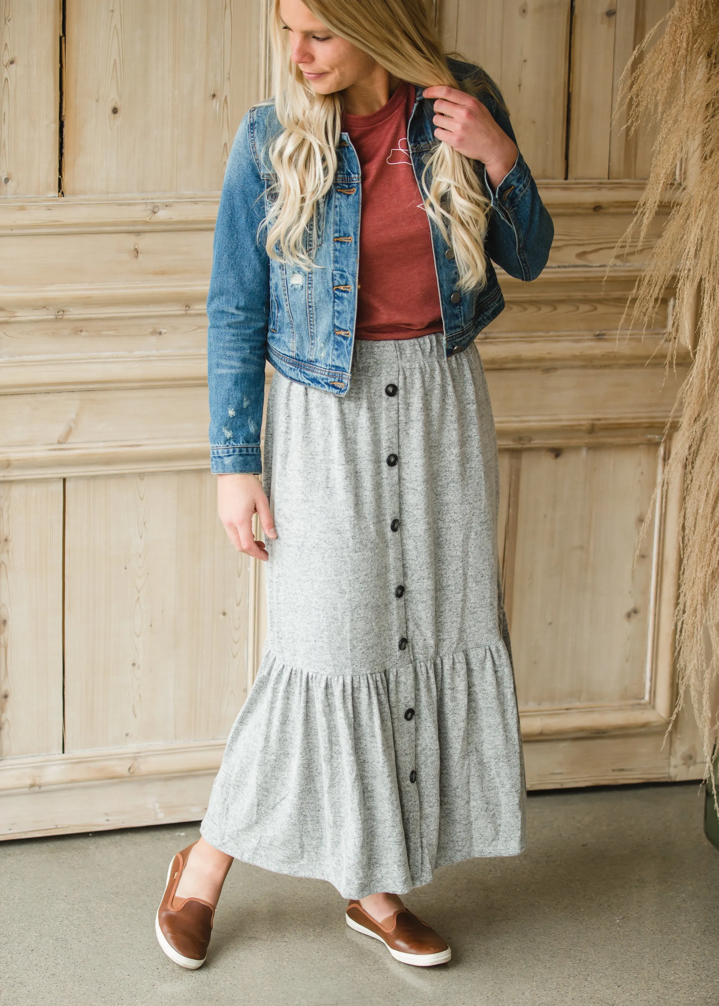 Gray Cozy Knit Tiered Midi Skirt